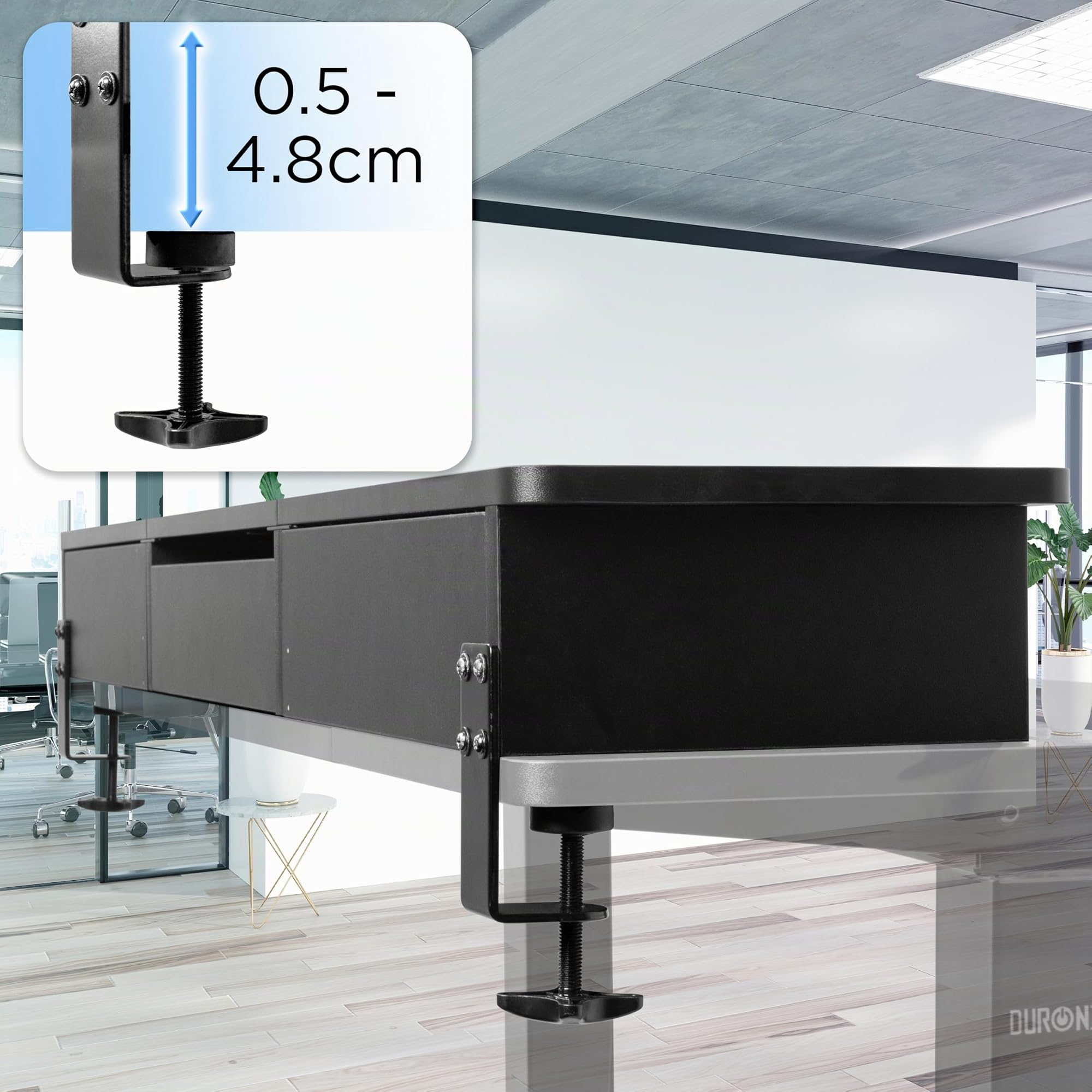 Duronic DD3 BK Monitorständer, 120 x 25 x 11,5 cm, Schreibtischaufsatz mit XXL Schubladen, Monitorerhöhung für 2 Monitore, rutschfeste Tischklemmen, Schreibtisch Regal Breit, Gaming Home Office | Monitorerhöhung für 2 Monitore, XXL Schubladen, Rutschfeste