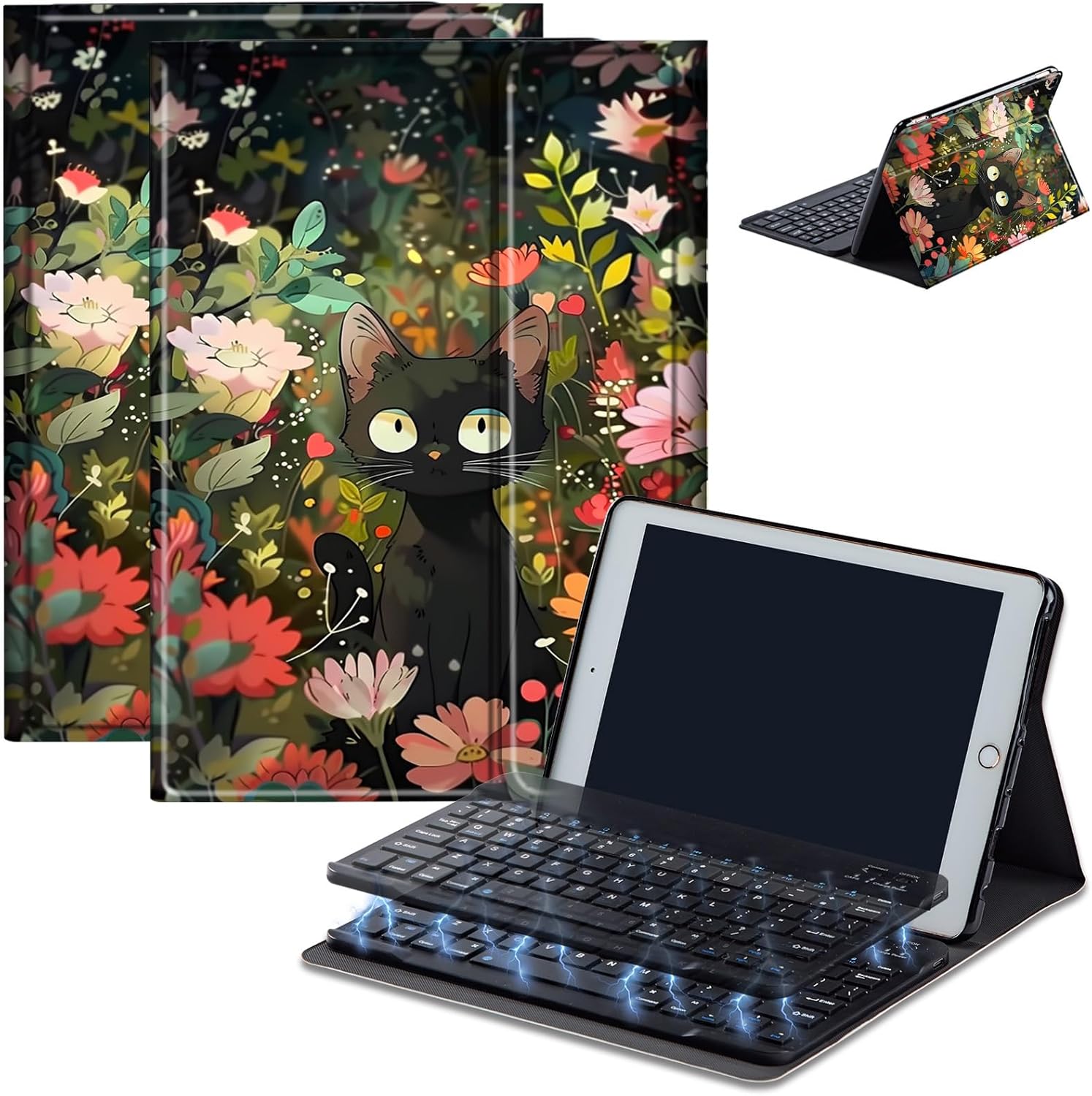 Keyboard Case for Amazon Fire Max 11 (13th Generation, 2023 Release), Detachable Wireless Bluetooth Keyboard and Auto Sleep/Wake Fire Max 11 Tablet Case with Keyboard, Wildflower Black Cat