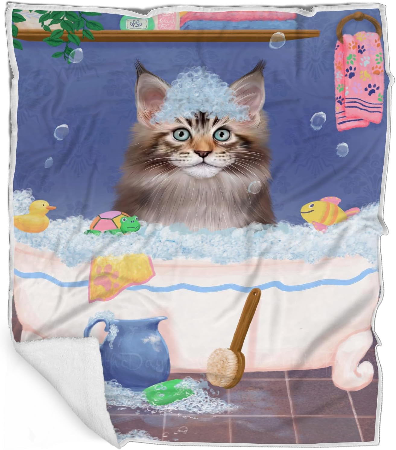 Rub A Dub Dog in A Tub Maine Coon Cat Blanket - Lightweight Soft Cozy and Durable Bed Blanket - Animal Theme Fuzzy Blanket for Sofa Couch BLNKT63206 (50x60 Woven)