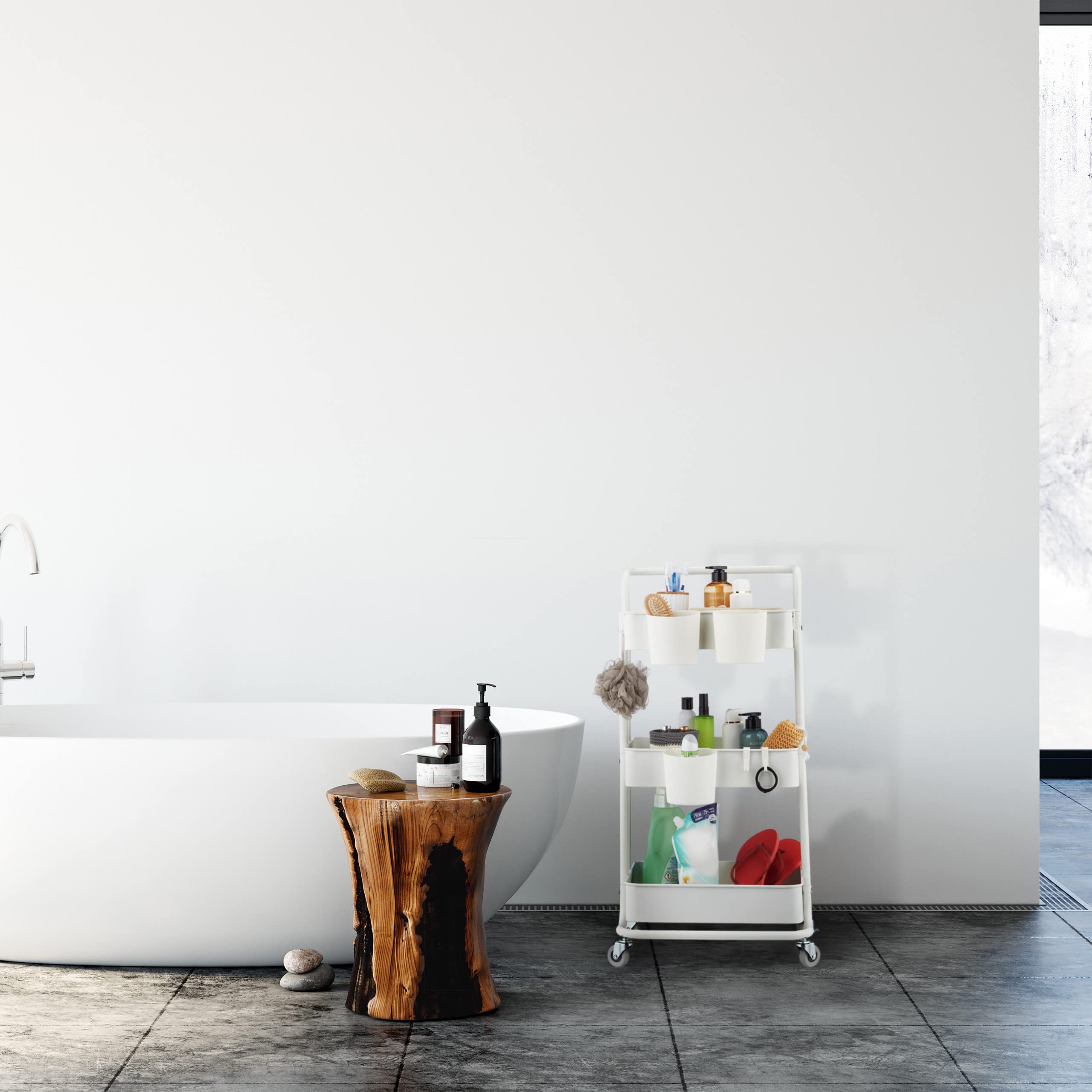 Relaxdays Carrito Auxiliar, 3 Niveles, 2 Frenos, Multiusos para Cocina y Oficina, Camarera 86x38x39 cm, Metal, Blanco