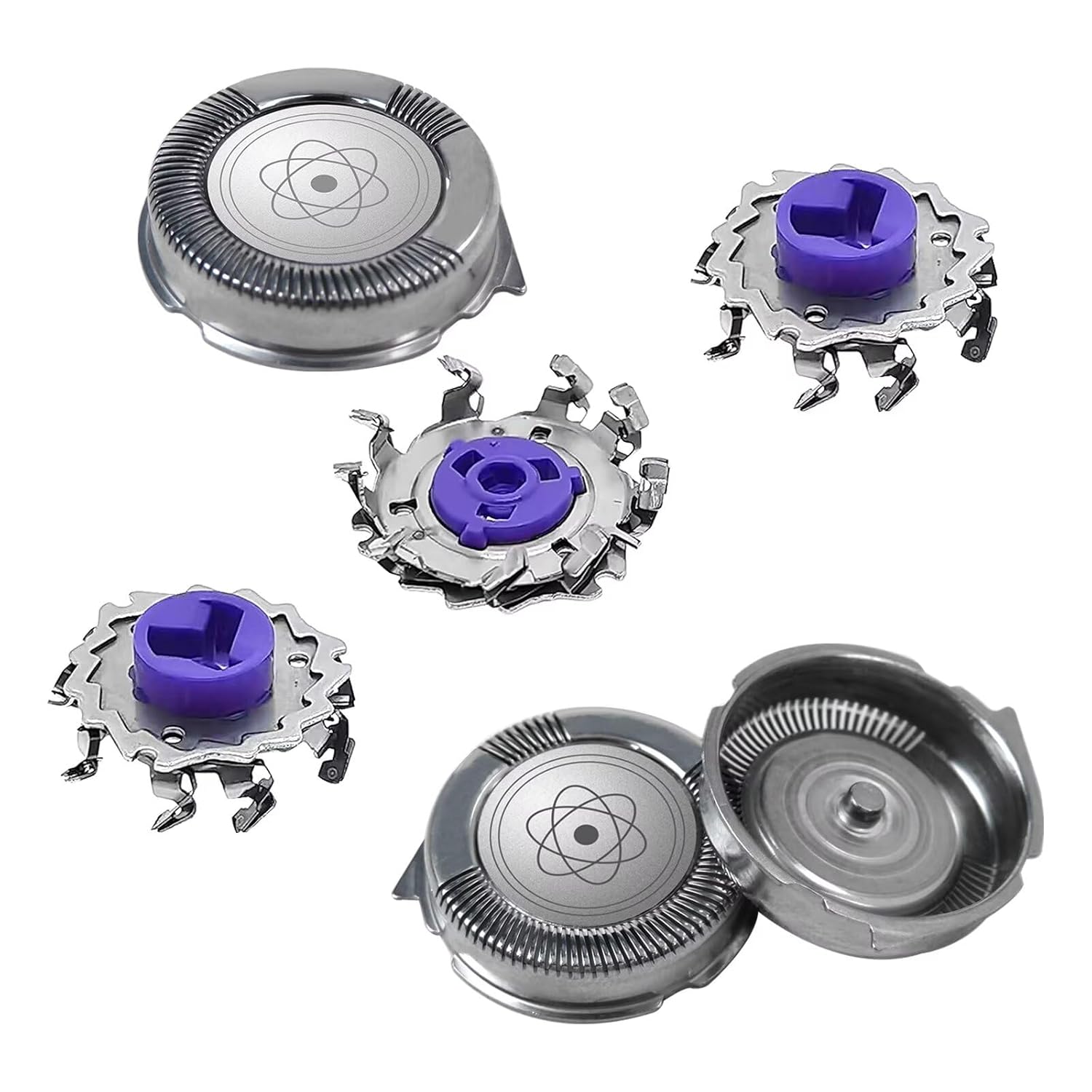 Exploded view of shaver head components, showing individual foils and blades