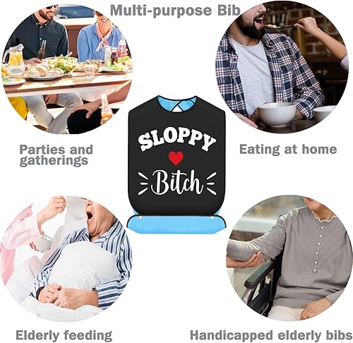 Miniatura 5 de BWWKTOP Baberos para adultos con recogedor de migas, babero de mordaza para regalo, ajustable, protectores de ropa de comedor para adultos mayores