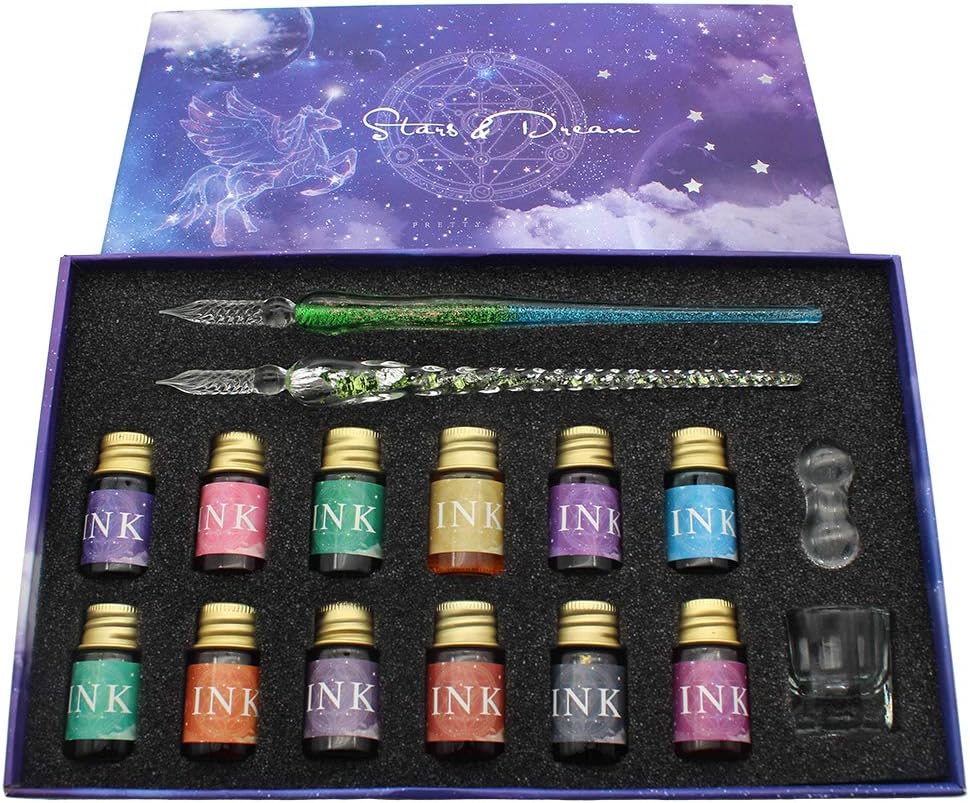 XIAOYU Glass Dip Pen Set, 16 Pieces Calligraphy Pen Set Includes 2 Crystal Glass Pens, 12 Colors Ink, Cleaning Cup, Pen Holder, Green