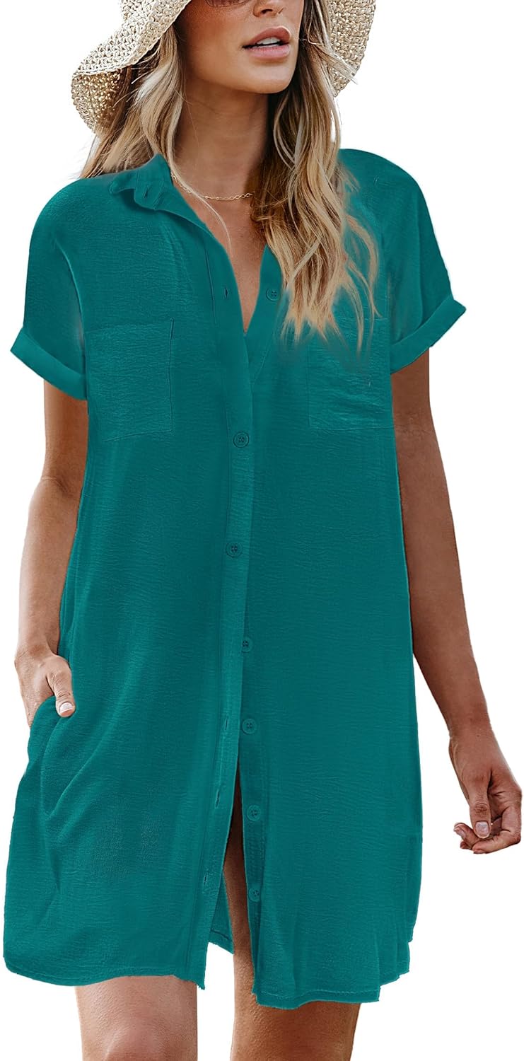 AI'MAGE Womens Bathing Suit Cover Ups Summer Shirt Dress Casual Short Sleeve Button Down Beach Shirts with Pockets S-XXL