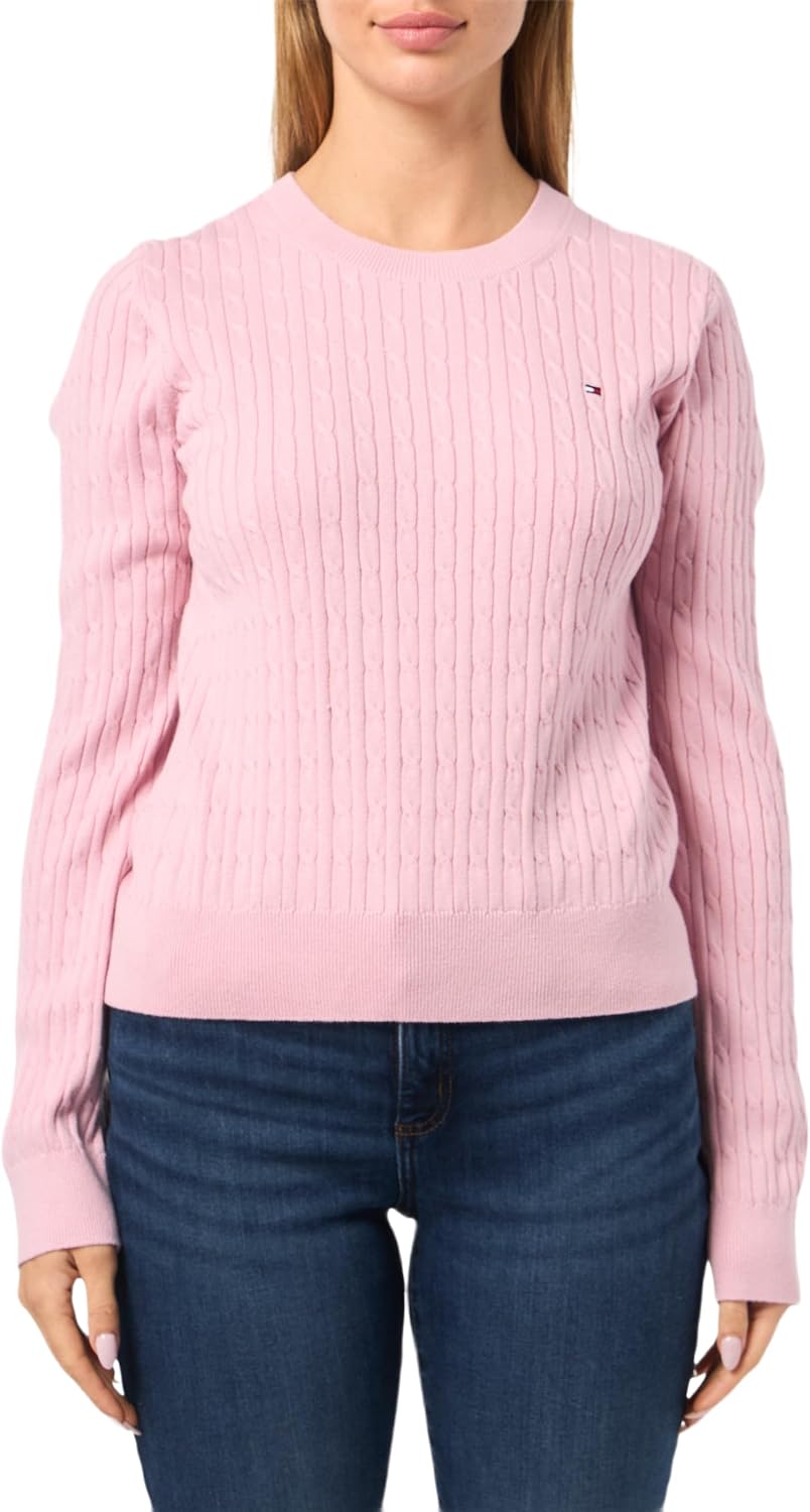 Tommy Hilfiger Women's Cable Knit Crew Neck Sweater Lightweight Pullover