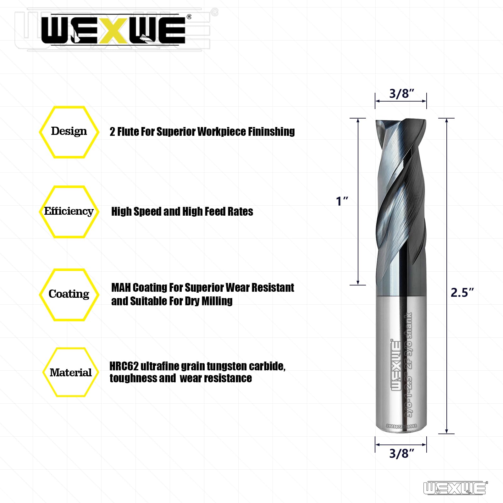 Tools zestaw 2 frezów kwadratowych z węglików spiekanych do cięcia stali stopowych, żeliwa, aluminium - fazowana krawędź do frezowania pionowego - pręt 3/8 (0,95 ~