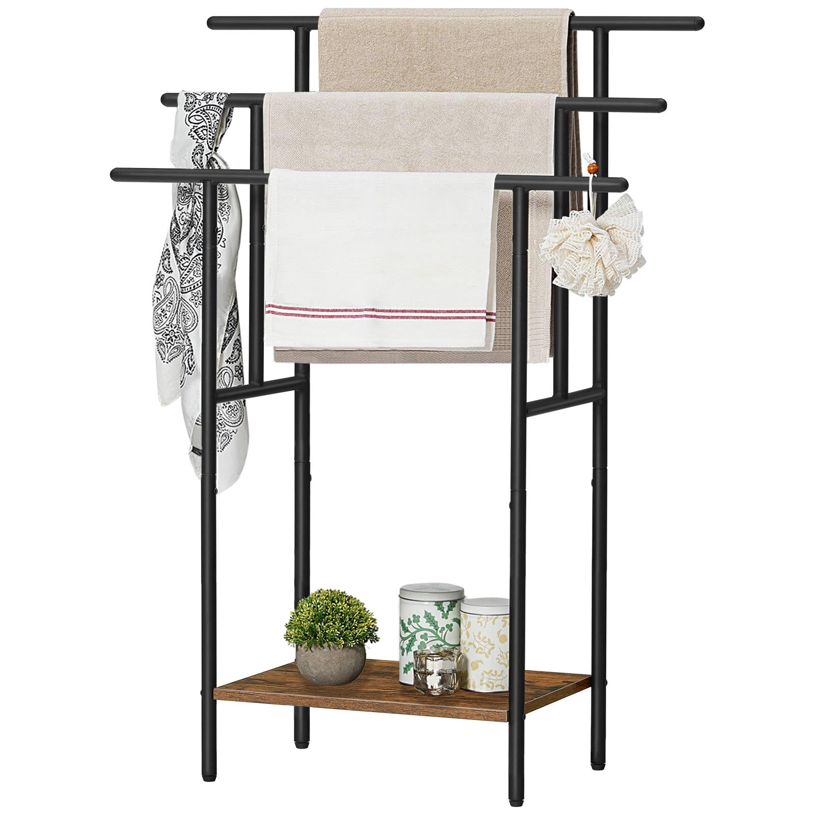 HOOBRO Toallero Independiente de 100 cm de Alto para baño, Estante de Manta Escalonado de 3 Niveles con estantes, Estante de Secado y exhibición de Toallas de baño de Gran, Negro y marrón EBF50LB01