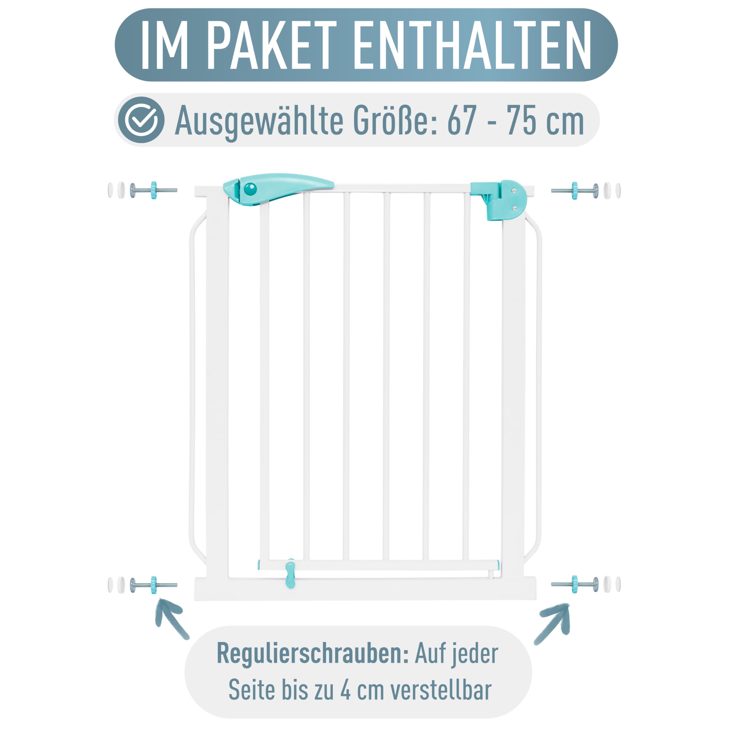 IB STYLE Berrin Türschutzgitter 67-75 cm, Treppenschutzgitter ohne Bohren, Baby Sicherheitsgitter, Weiß Türkis