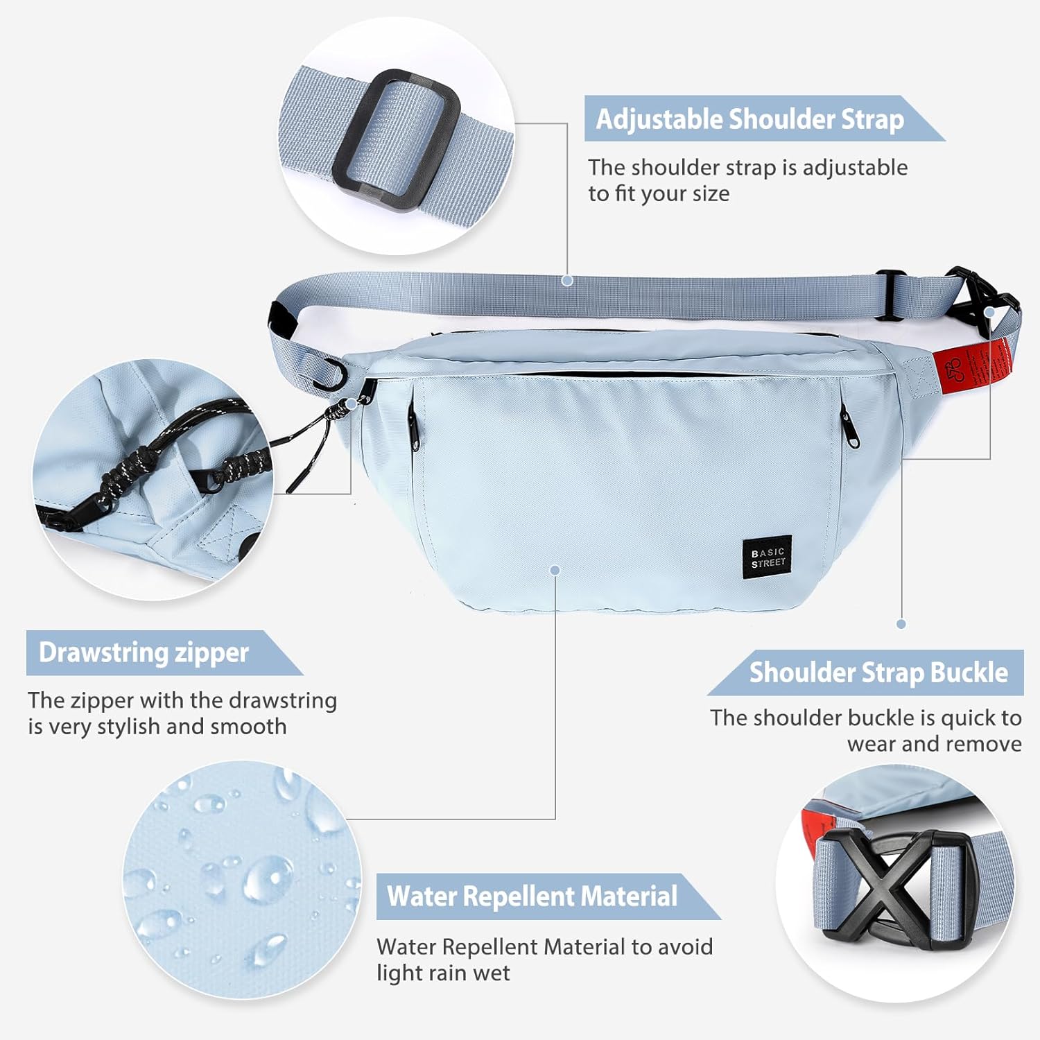 Fashion Large Crossbody Fanny Pack for Men Women,Waterproof Waist Bag fanny Packs belt bag sling bag with 5-Zipper Pockets,Carrying 7.9"phone,Blue-Large