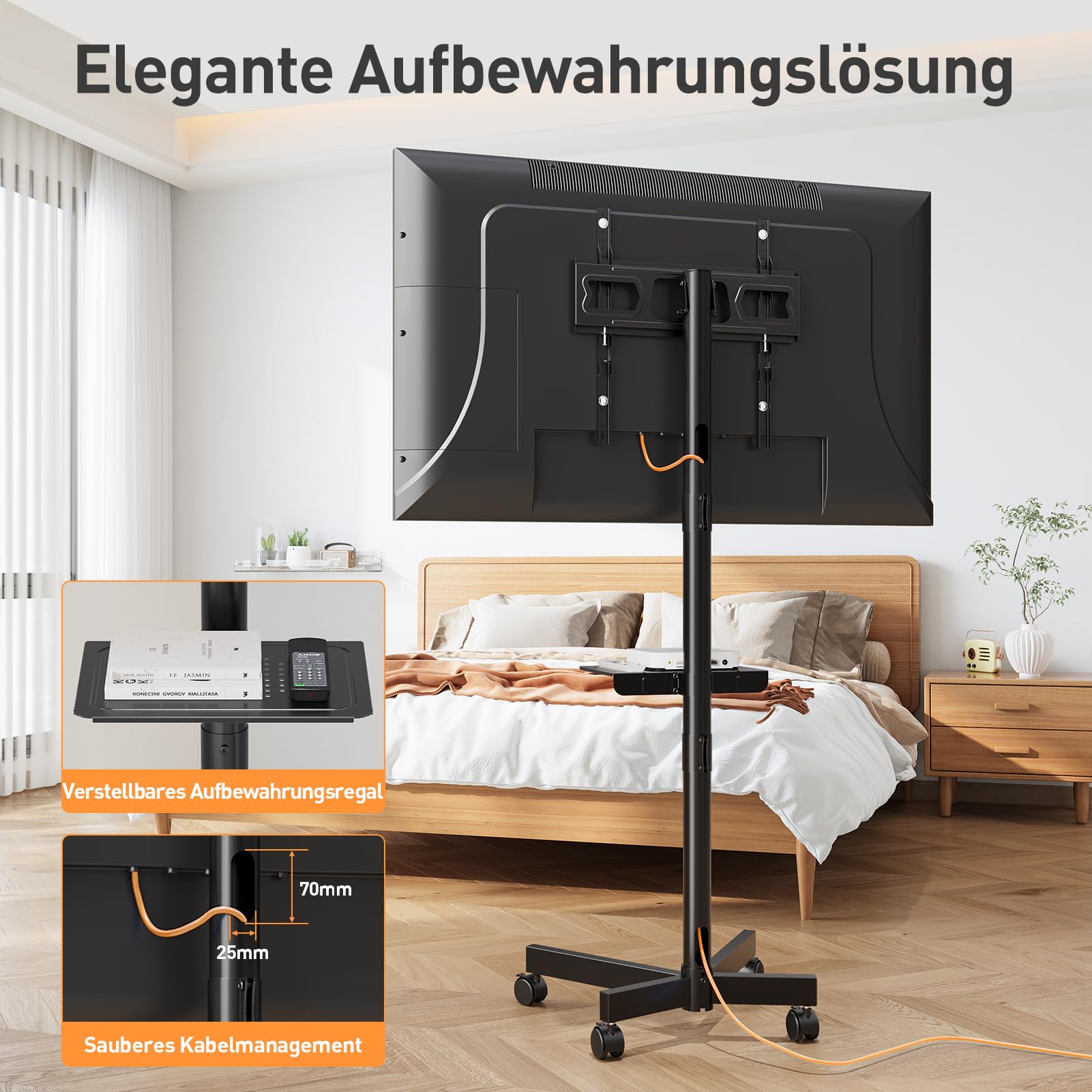 ELIVED TV Ständer Rollbar für 26-60 Zoll Fernseher bis zu 25kg, Max VESA 400x400mm, Mobiler TV Stand mit Rollen Höhenverstellbar Fernseher Bodenständer EV1117