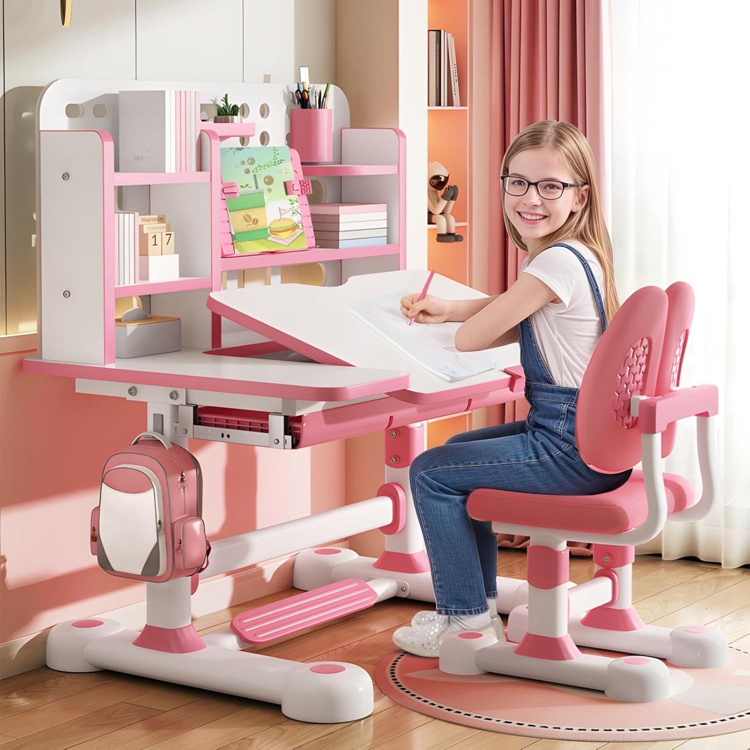 Kids Study Desk and Chair Set, 50-Degree Tiltable Desktop, Height Adjustable Boys Girl Desk Kids Art Desks with Bookshelf and Storage Drawer Study Table with Chairs for Study Room Pink