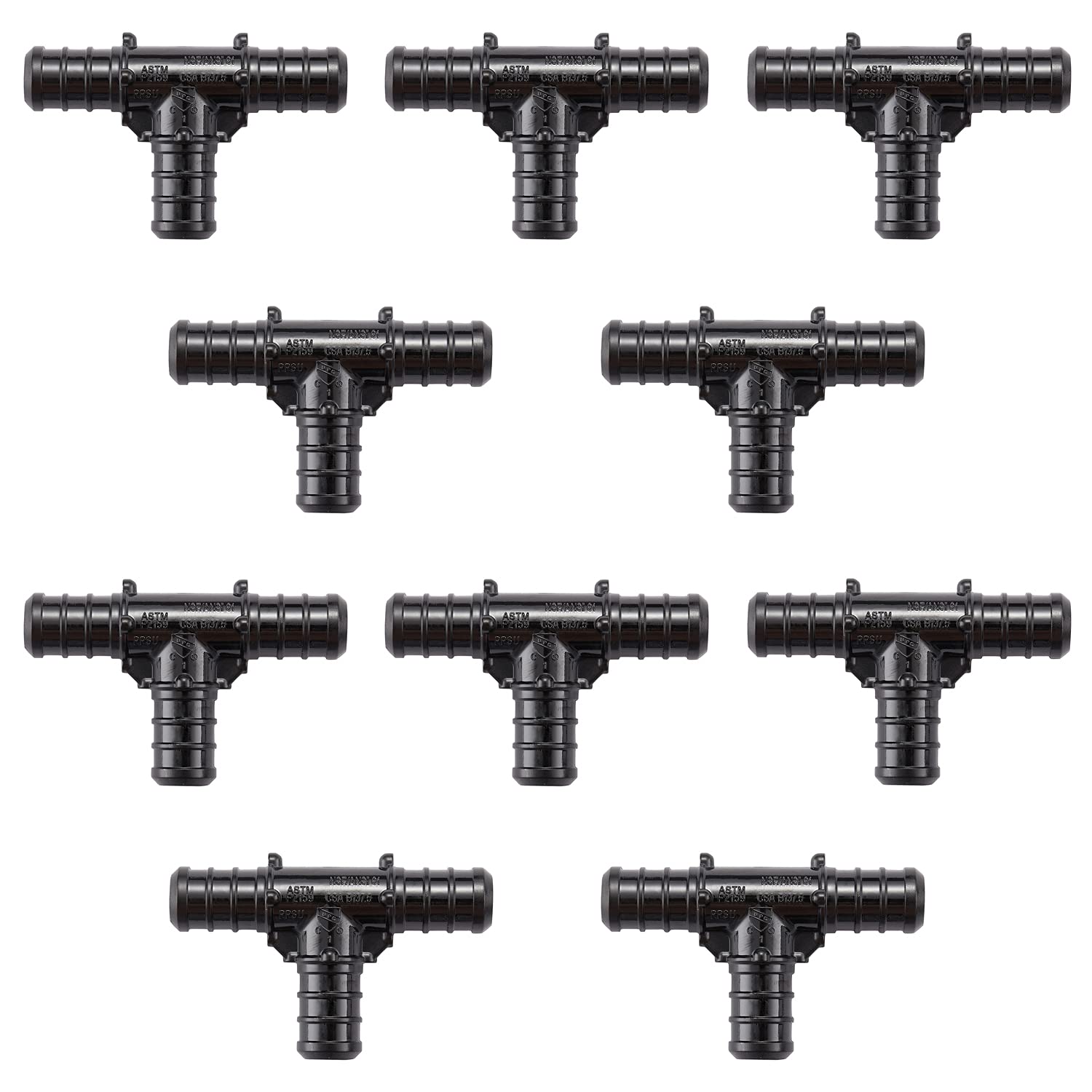 1/2" PEX Poly Pipe Fittings Tee for Crimp/Cinch/Pinch, Black 10 Pack