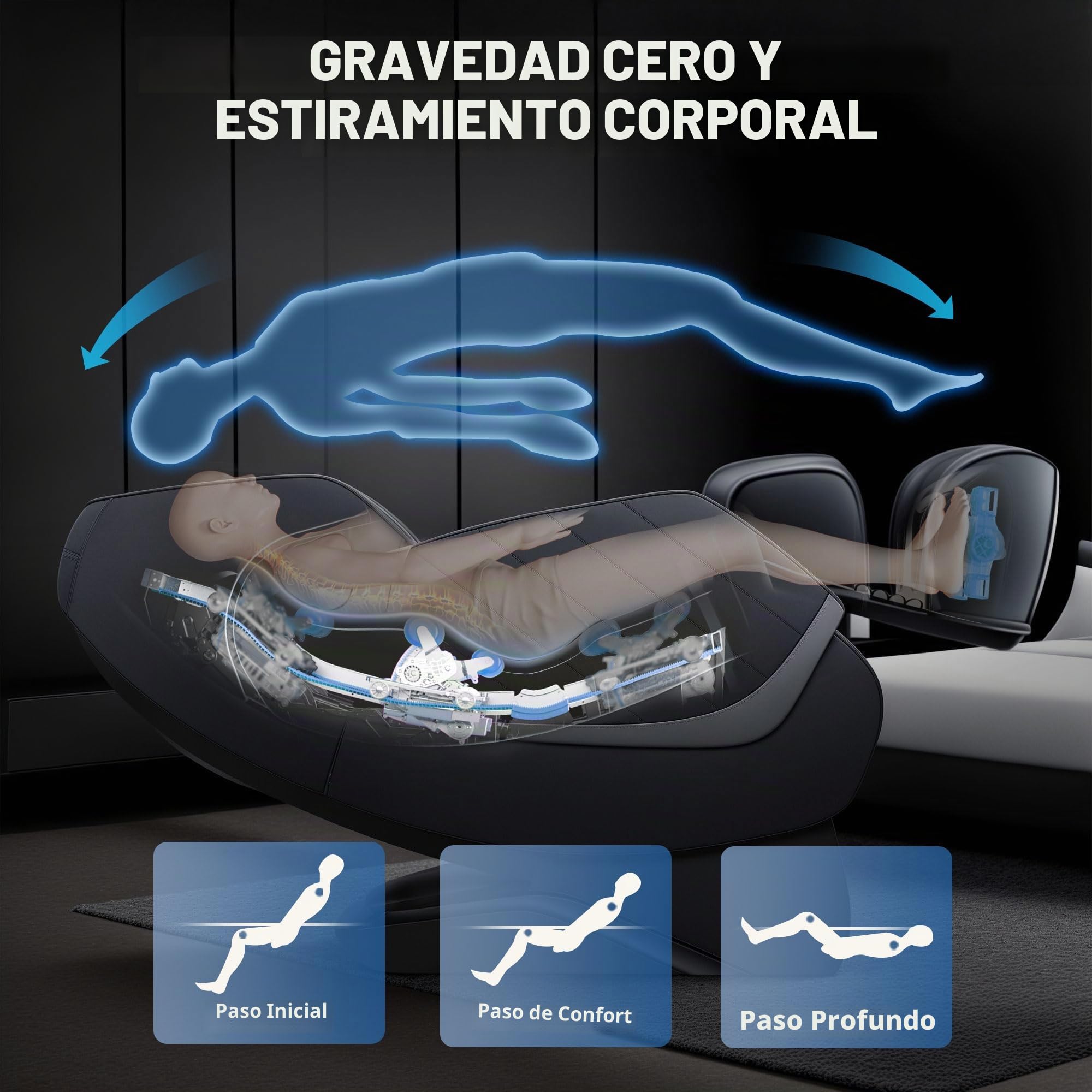 HealthRelife Sillón de Masaje 3D para Todo el Cuerpo - 3 Gravedad Cero, Manos de Masaje, 128CM SL Carril, con Airbag, Negro