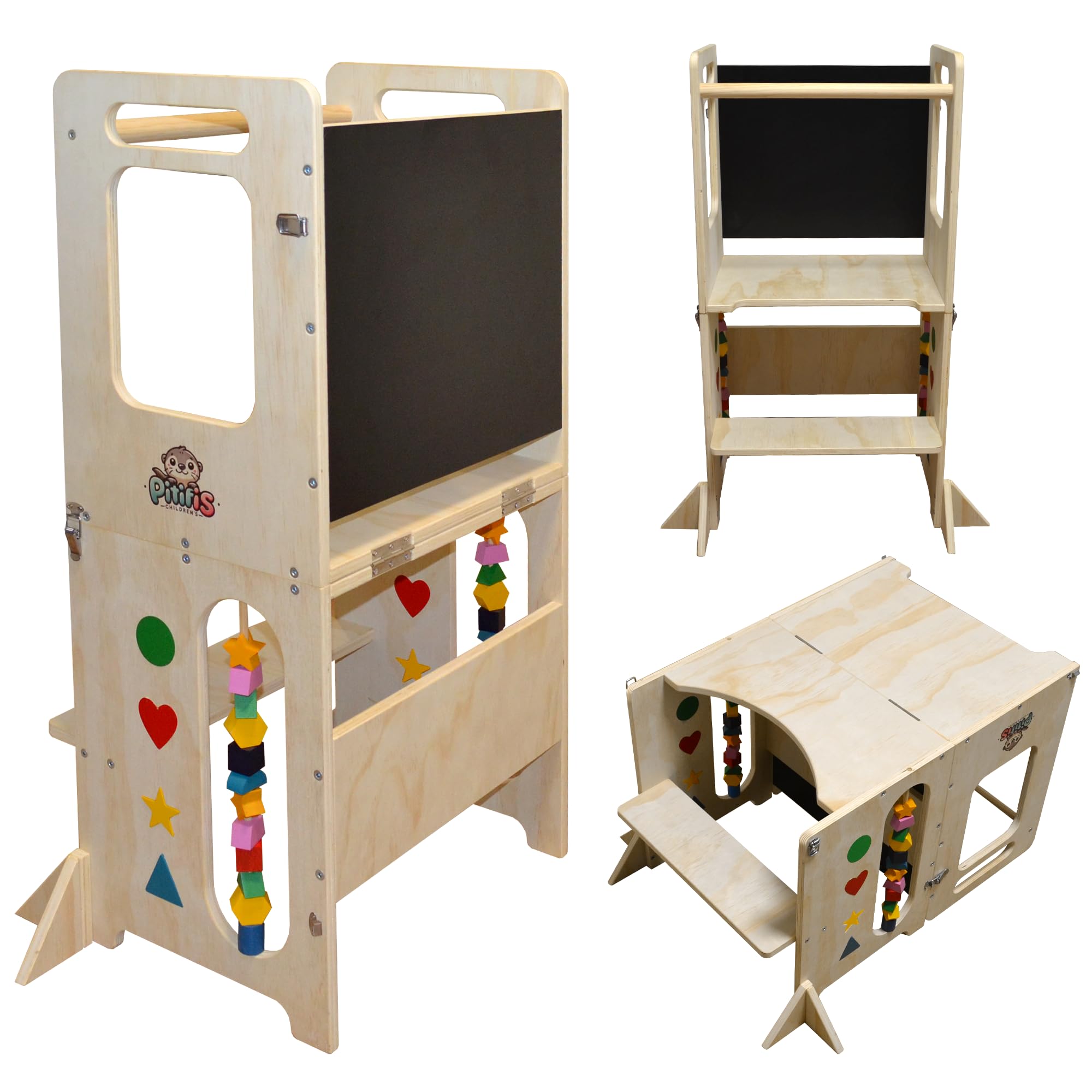 Torre de Aprendizaje Montessori 4 en 1 Pitifis | Torre de Aprendizaje para Niños con Pizarra y Escritorio | Taburete Cocina Infantil de Madera | Diseño Estable y Seguro | 90 x 31 x 45 cm