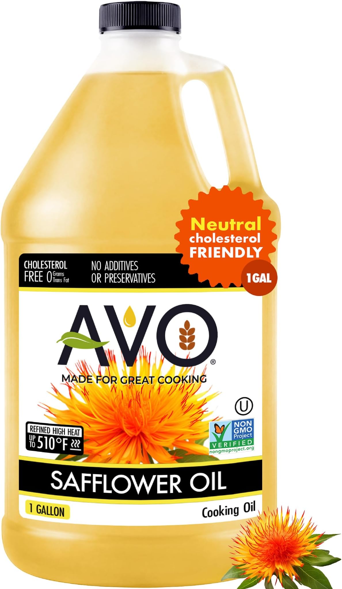 AVO High Oleic Safflower Oil Bulk, 1 Gallon, NON-GMO, Naturally Processed, High Smoke Point 510°F