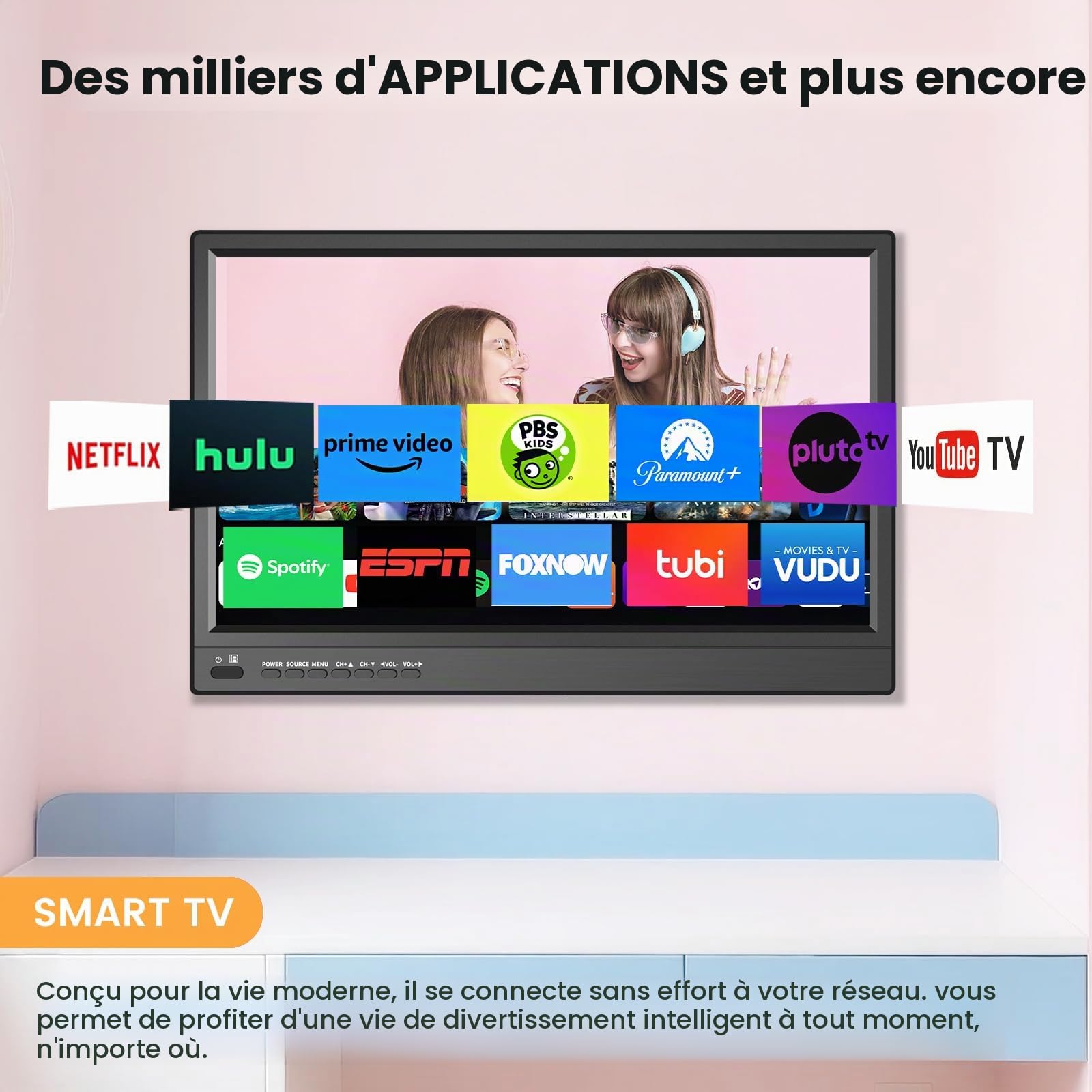 ZOSHING Smart TV de 17", petit téléviseur avec entrée HDMI, tuner numérique intégré/prend en charge USB mural pour chambre à coucher, cuisine, camping-car – Télécommande incluse (noir)