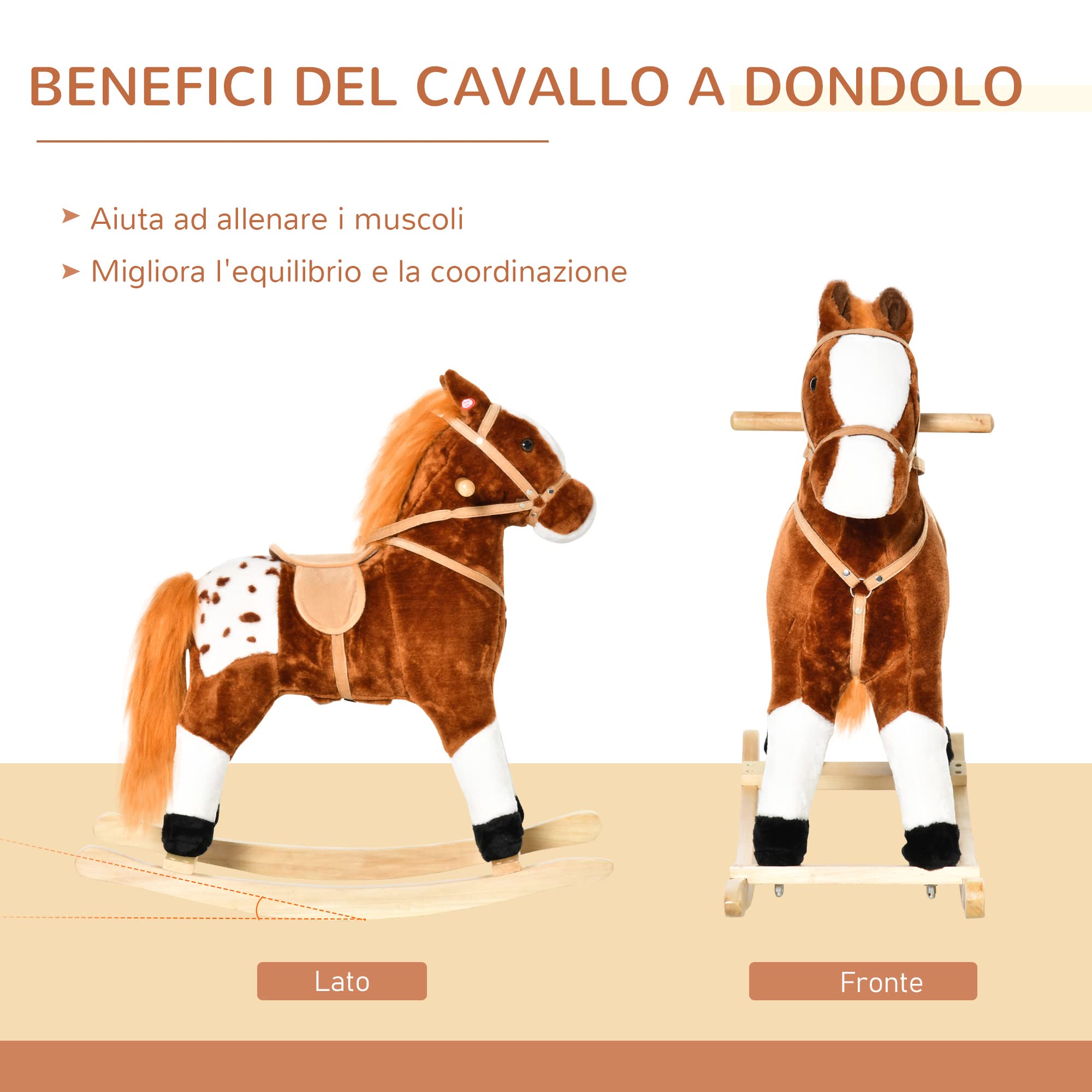 HOMCOM Cavallo a Dondolo in Legno con Suono Animale Regalo Giocattolo per i Bambini, 74 x 28 x 65 cm, Marrone