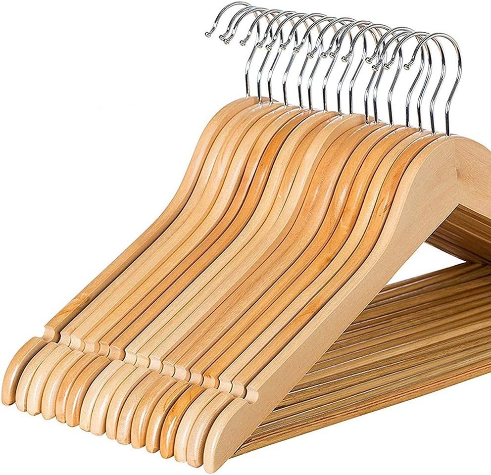 Rainberg Wooden Hangers, Coat Hangers, Made with Natural Wood and Non-Slip Trouser bar, 360 Degree Rotatory Hook, Extra Smooth Finish, Strong Shoulder Notches (Pack Of 60)