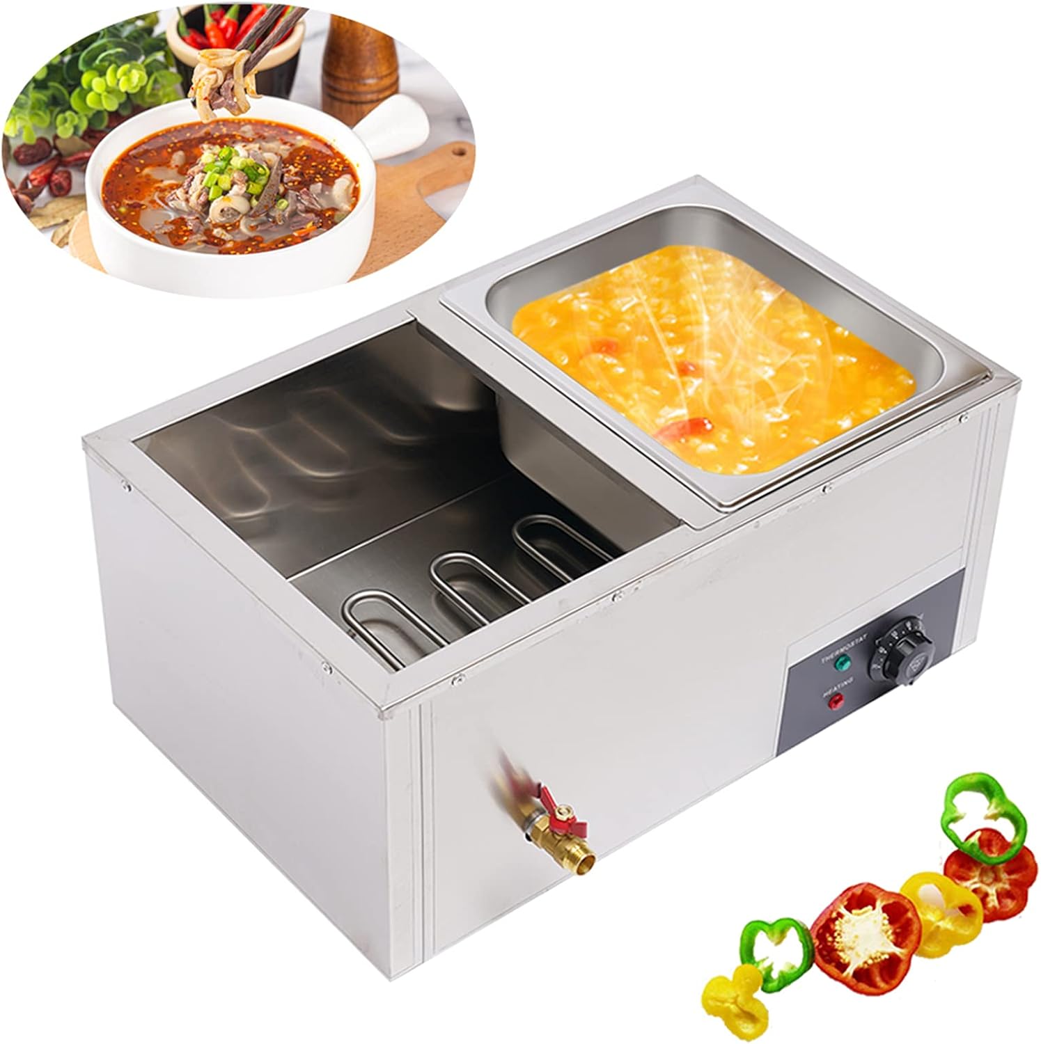 2-Pan Commercial Food Warmer, 2 * 10.5QT Electric Steamer with 2 Lids, Buffet Countertop Food Warmer Table Steam Machine Stainless Steel Steamer for Restaurant Home Kitchen 850W 110V