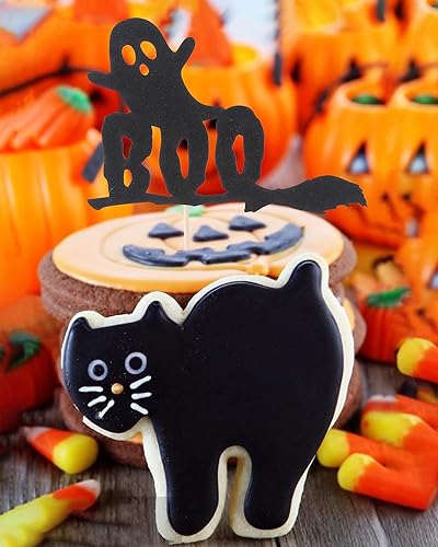 Miniatura 2 de Decoración para pastel de Happy Boo Day  Decoración negra para pastel de fantasma, decoración de fiesta de cumpleaños de Halloween con purpurina