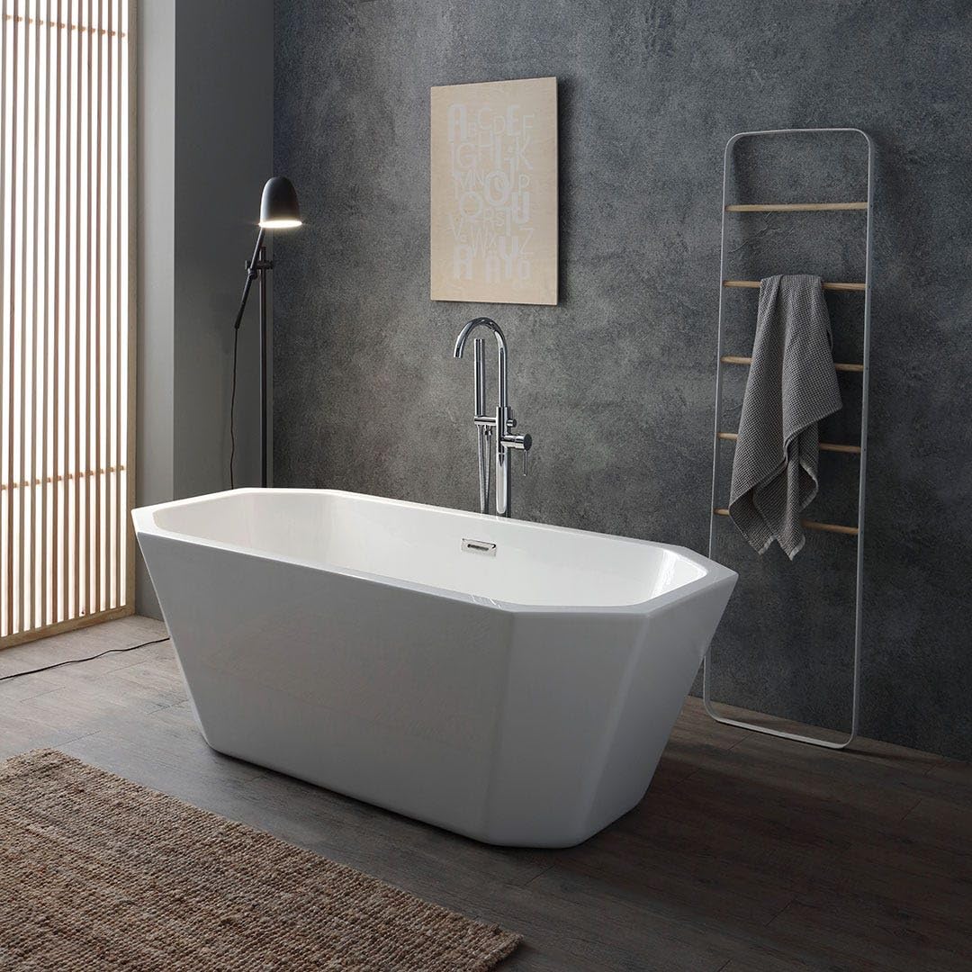 Kiamami Valentina Bañera Central acrílica Octogonal Blanca Betty | 161 x 74 x 56 cm (largo x ancho x alto), orificio de rebosadero, desagüe incluido, diseño moderno para baño