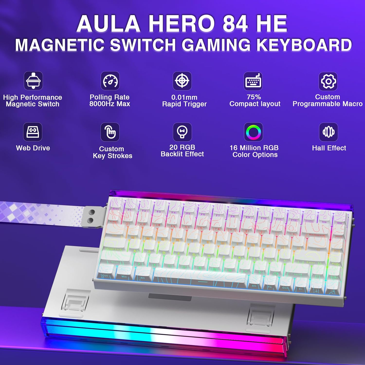 Aula Hero 84 HE - 75% Mechanical Gaming Keyboard, Hall Effect Magnetic Switches Keyboard, 8000Hz Polling Rate, RGB Neon Light Box, Hot-Swappable Side-Printed PBT Keycaps, Gamer Keyboards for PC/Mac