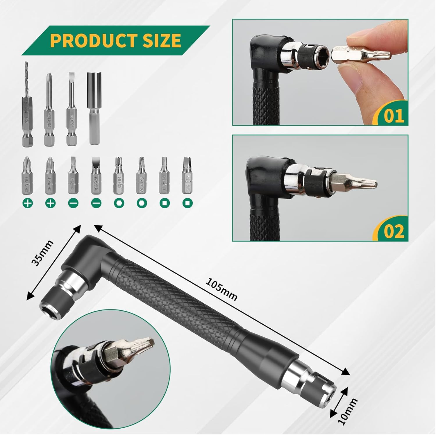 GRENPRO 19 Pcs Flexible Drill Bit Extension Kit, Includes 2 Pcs 105° Right Angle Drill Attachment, 3 Pcs Rotatable Socket Adapter, 10+2 Pcs Screwdriver Bits & Bendable Extension for Tight Spaces