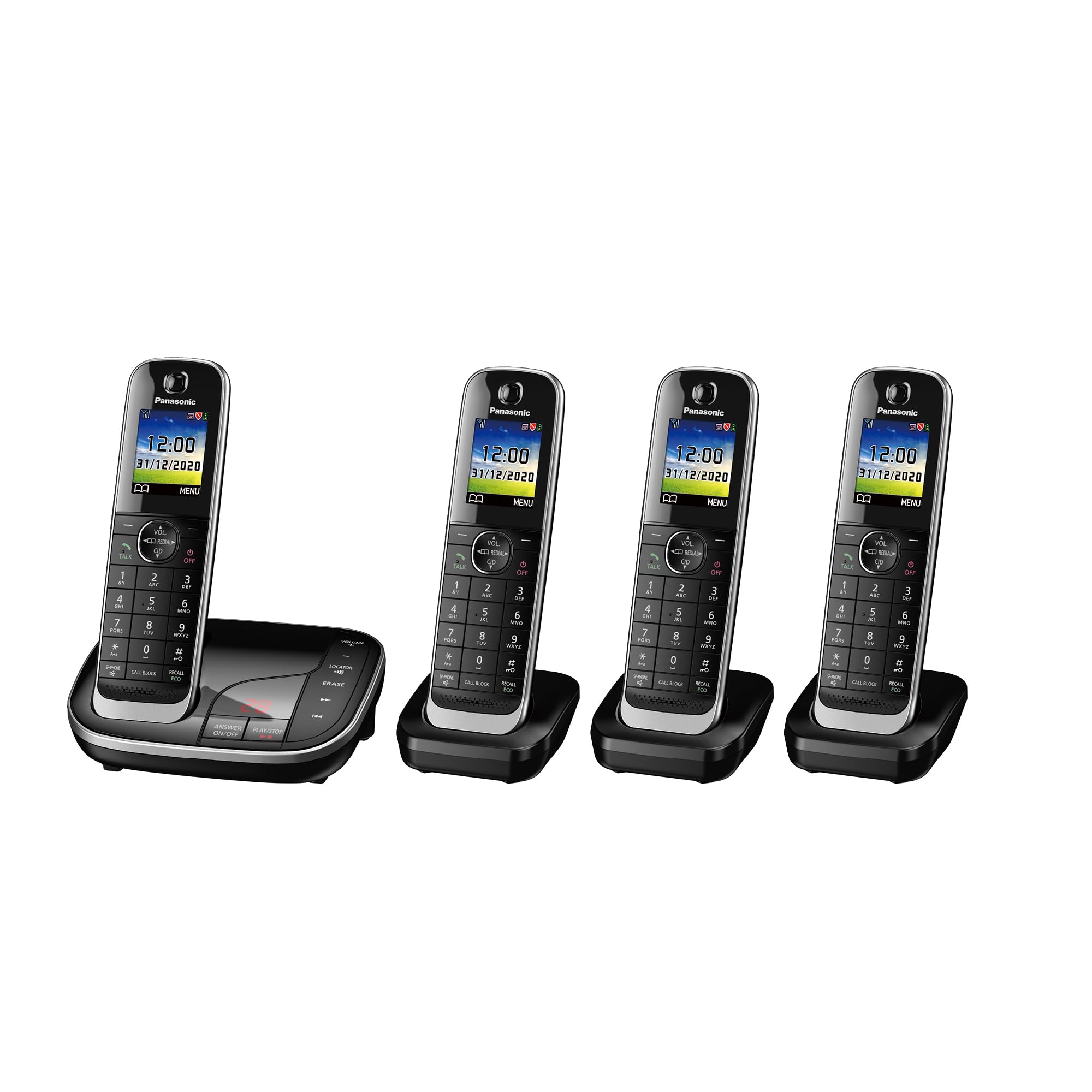 KX-TGJ424EB Landline Phone Cordless, House phones, Automated Call Blocker, Answer machine, Colour Display, Quad Handset - Black