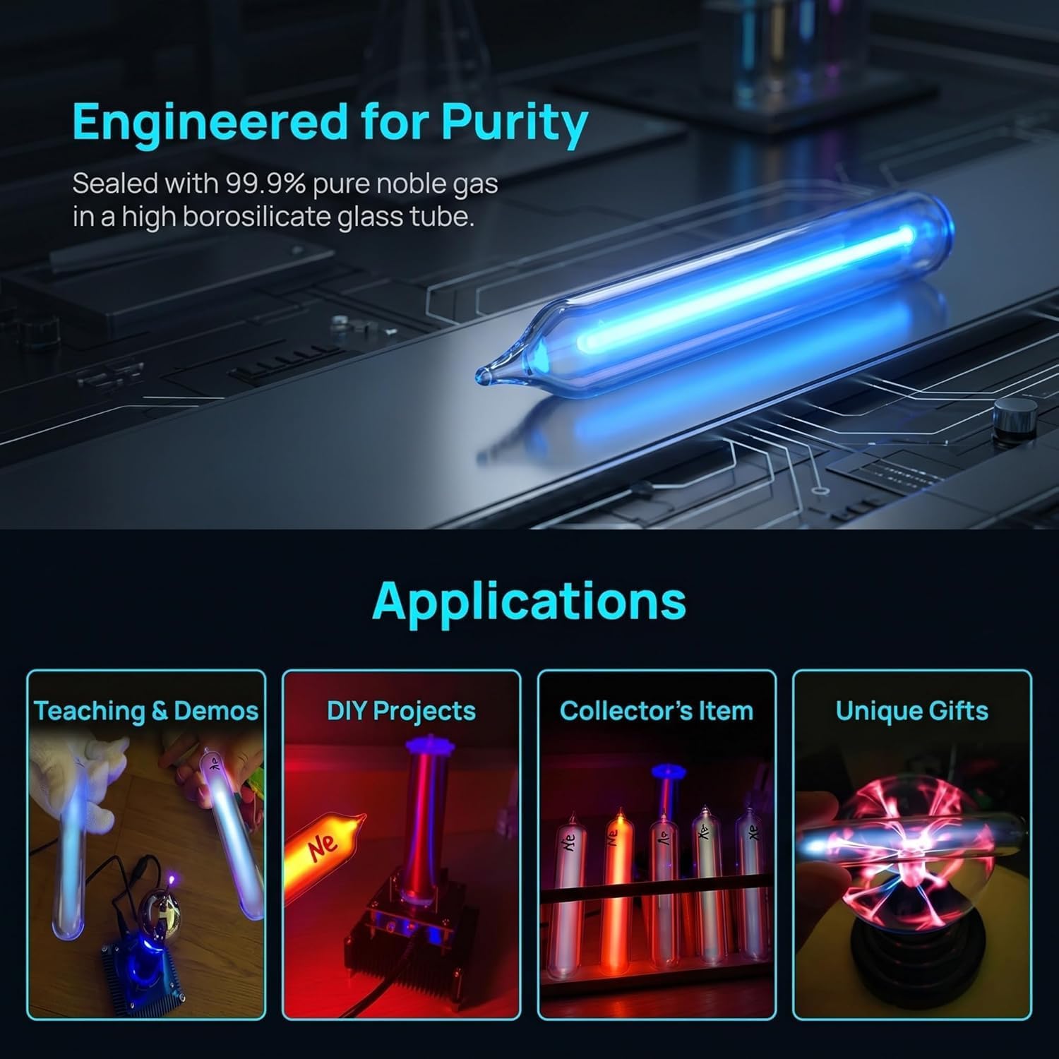TsoLay Edelgasröhren, Edelgas-glasröhren Mit Erreger, Leuchtelemente (he, Ne, AR, Kr, Xe) Mit 99,999% Reinheit Für Wissenschaftliche Ausstellungen, Chemieunterricht, with Exciter