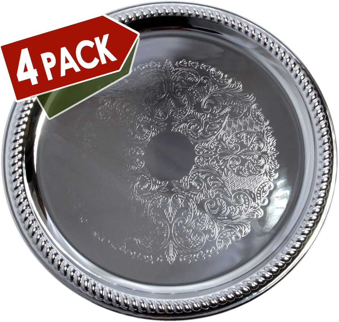 (Pack of 4) 14-Inch Traditional Round Floral Pattern Engraved Catering Chrome Plated Serving Tray Mirror Plate Silver Metal Platter Tableware Wedding Birthday (Extra Large) T139-14-4PK