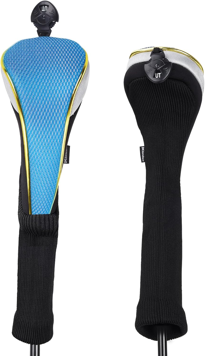 Andux 2ピース/セット ロングネック ゴールド ゴルフ ハイブリッド クラブヘッドカバー ダイヤル番号タグ付き MT/HY13