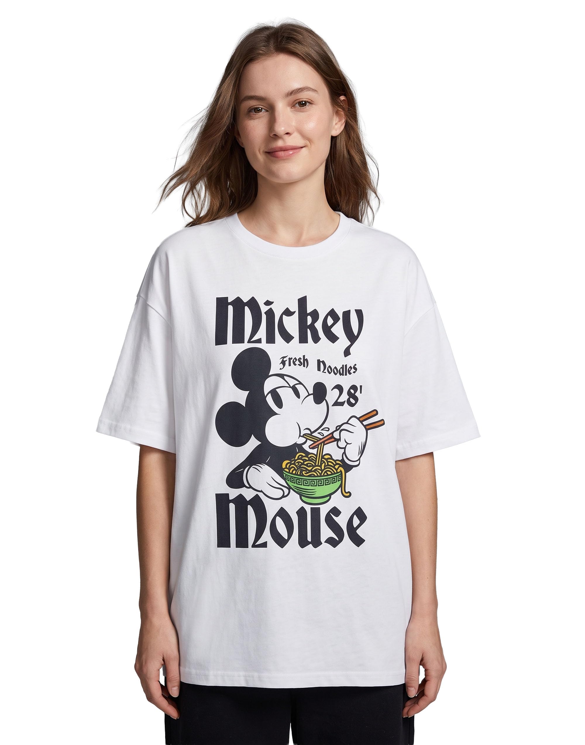 Disney Mickey Mouse Women's Graphic Tee | Classic White Mickey Mouse Fresh Noodles 28 Cartoon T-Shirt | Plain Short Sleeve Top for Casual Wear Mickey Mouse Crew Neck Pull-On Shirt