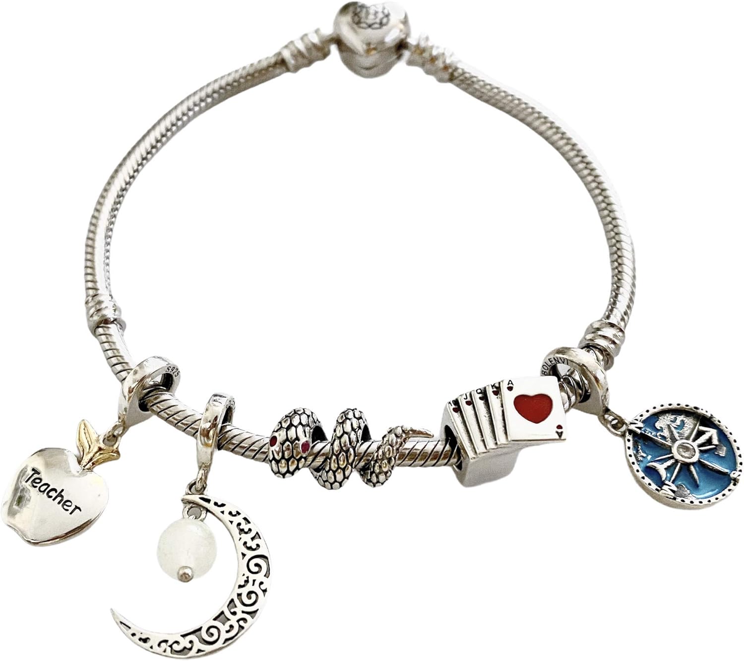 Bolenvi Teacher Apple Dangle Pendant Charm - Omni Clasp Clip on 925 Sterling Silver Charms Compatible with Pandora & Similar Bracelets, Necklaces & DIY Jewelry - 14K Gold Plating