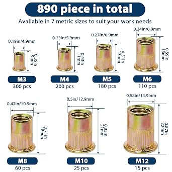 Metric Rivet Nut Assortment Kit, 890Pcs M3-M12 Zinc Plated Rivnuts