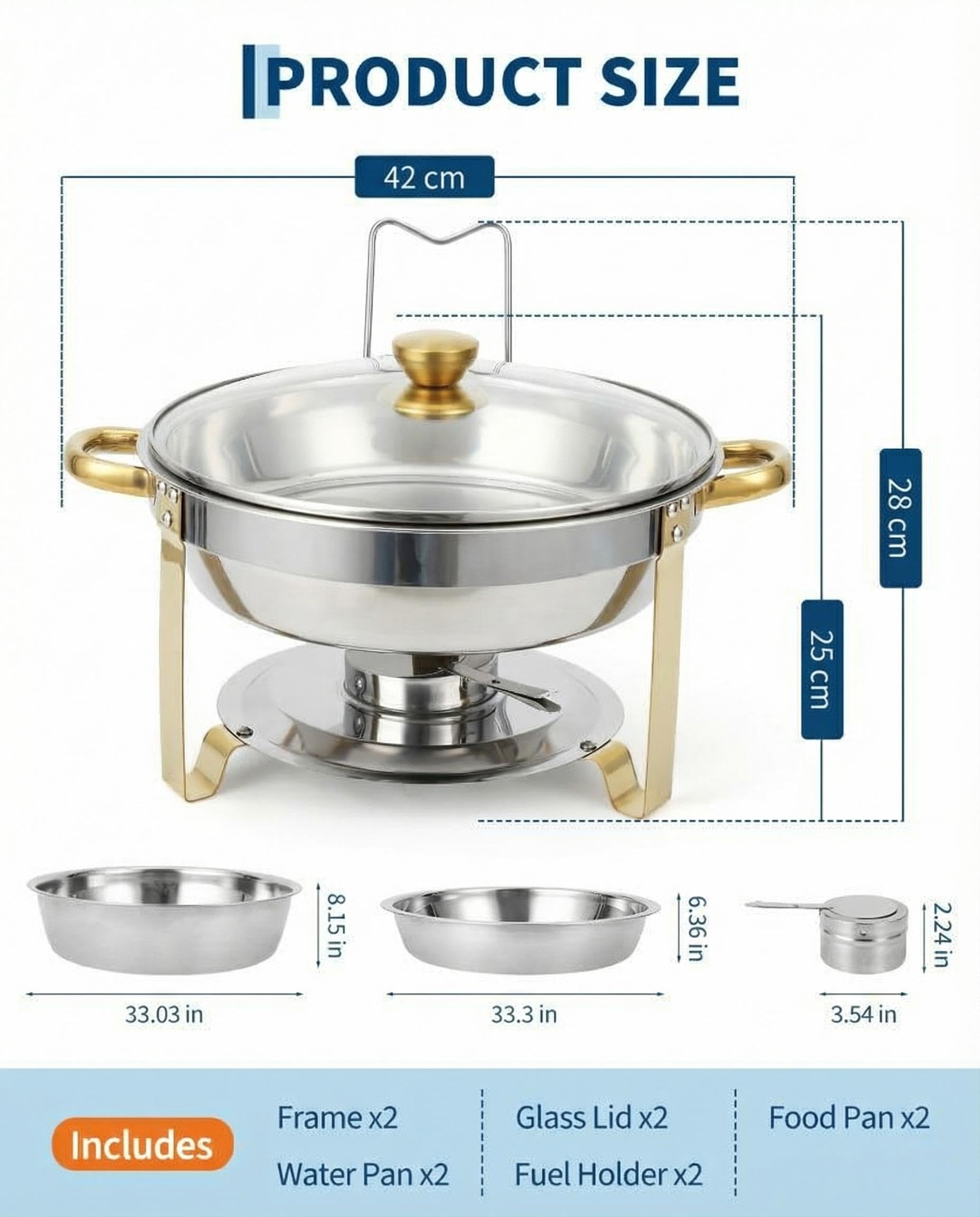 Garvee Elegantes Chafing Dish Buffet Set – 4er Set runde Edelstahl-Warmhaltebehälter mit Sichtglasdeckel, 5L/6L, geeignet für Catering, Hochzeit, Party, Camping – Vierteiliges Set Goldener Rand