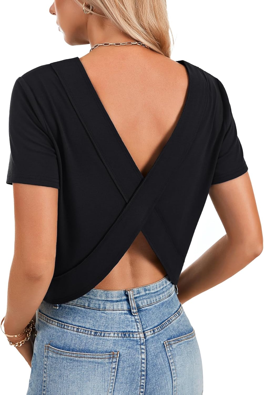 LYANER Women's Open Back Cut Out Round Neck Short Sleeve Backless Casual Workout T Shirt