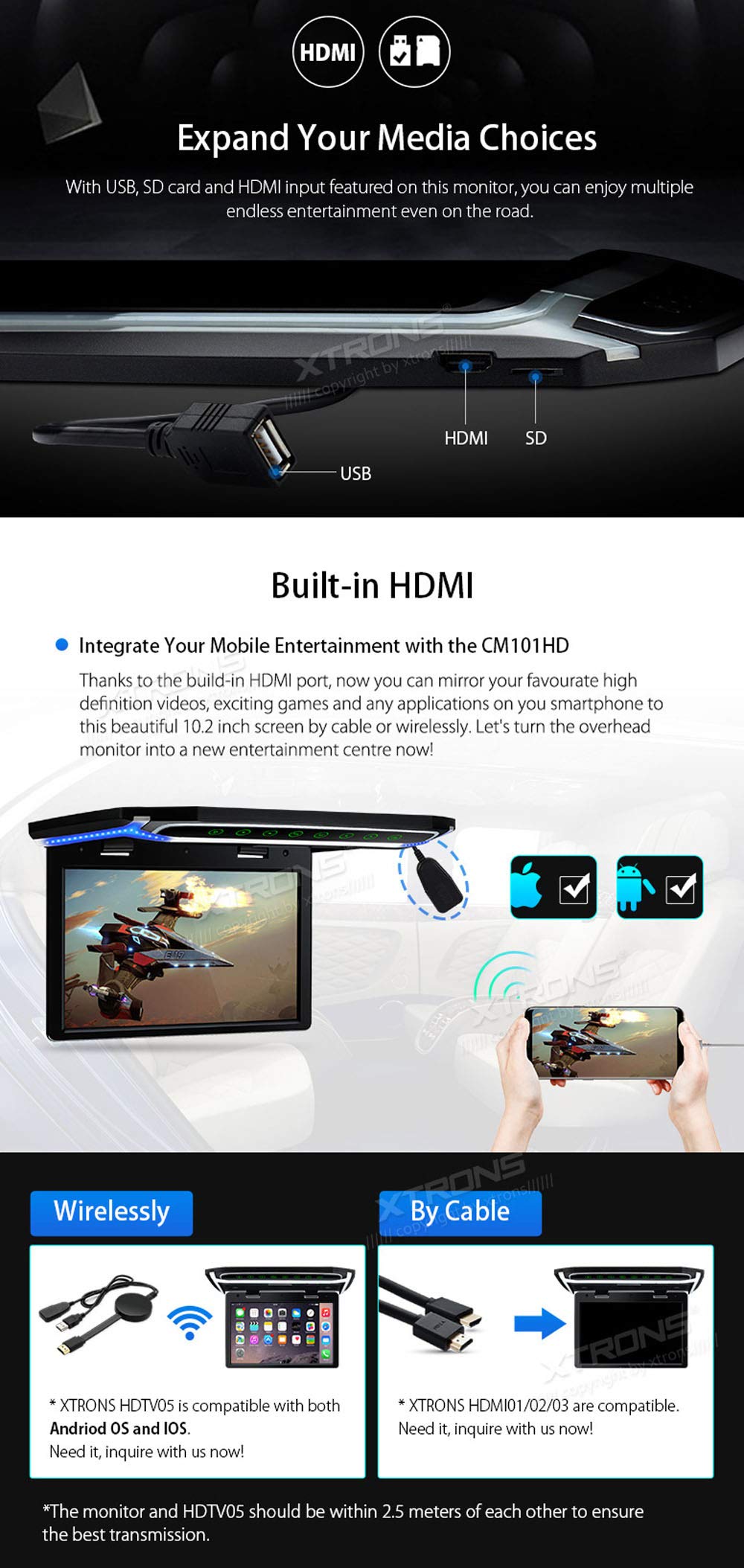 XTRONS Écran TFT numérique de 10,2 Pouces 1080p pour Voiture - Écran Rotatif à 180° - Port HDMI - Contrôle de Porte