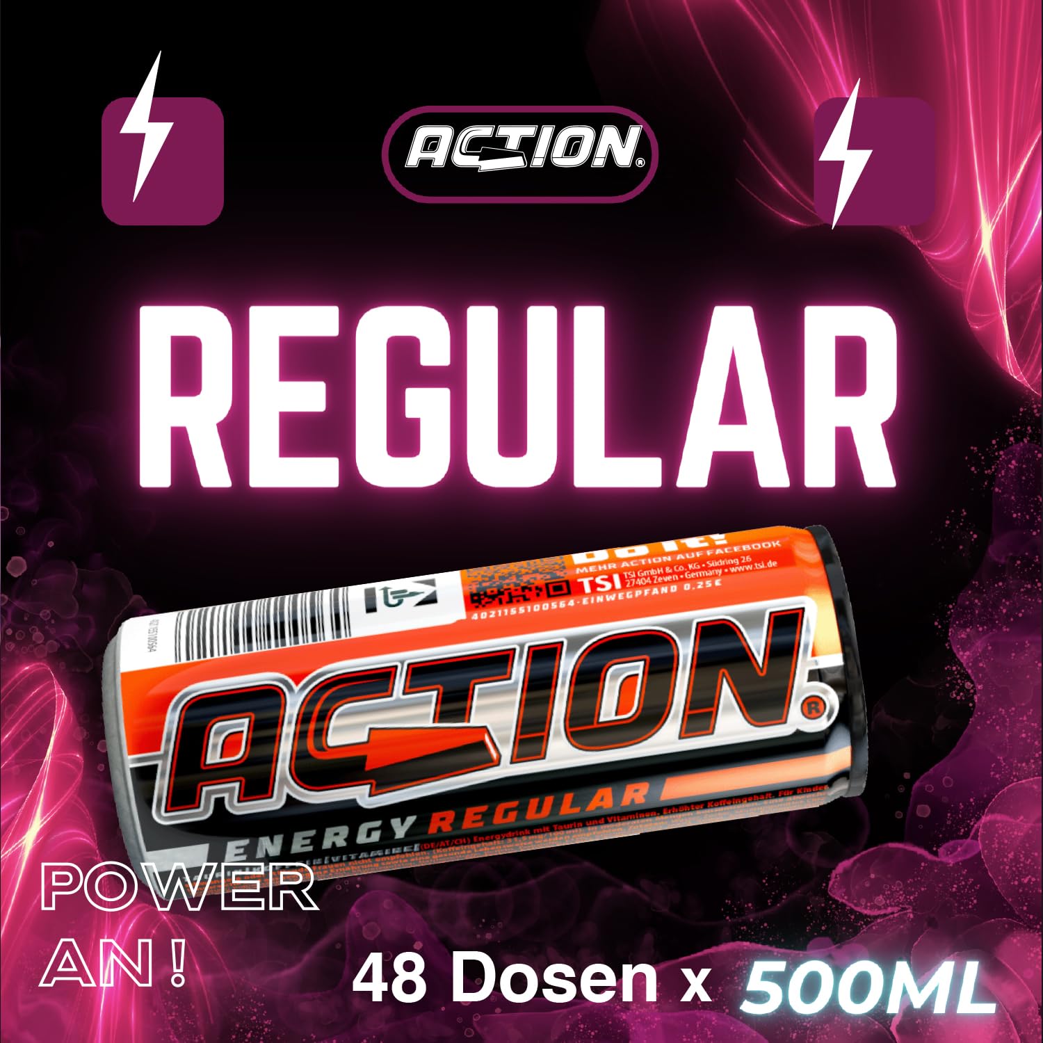 Action Energy Drink Regular (48 x 500 ml) incluye depósito – Refresco con sabor a tutti-Frutti – patata energética con mayor contenido de cafeína – 48 latas de bebidas