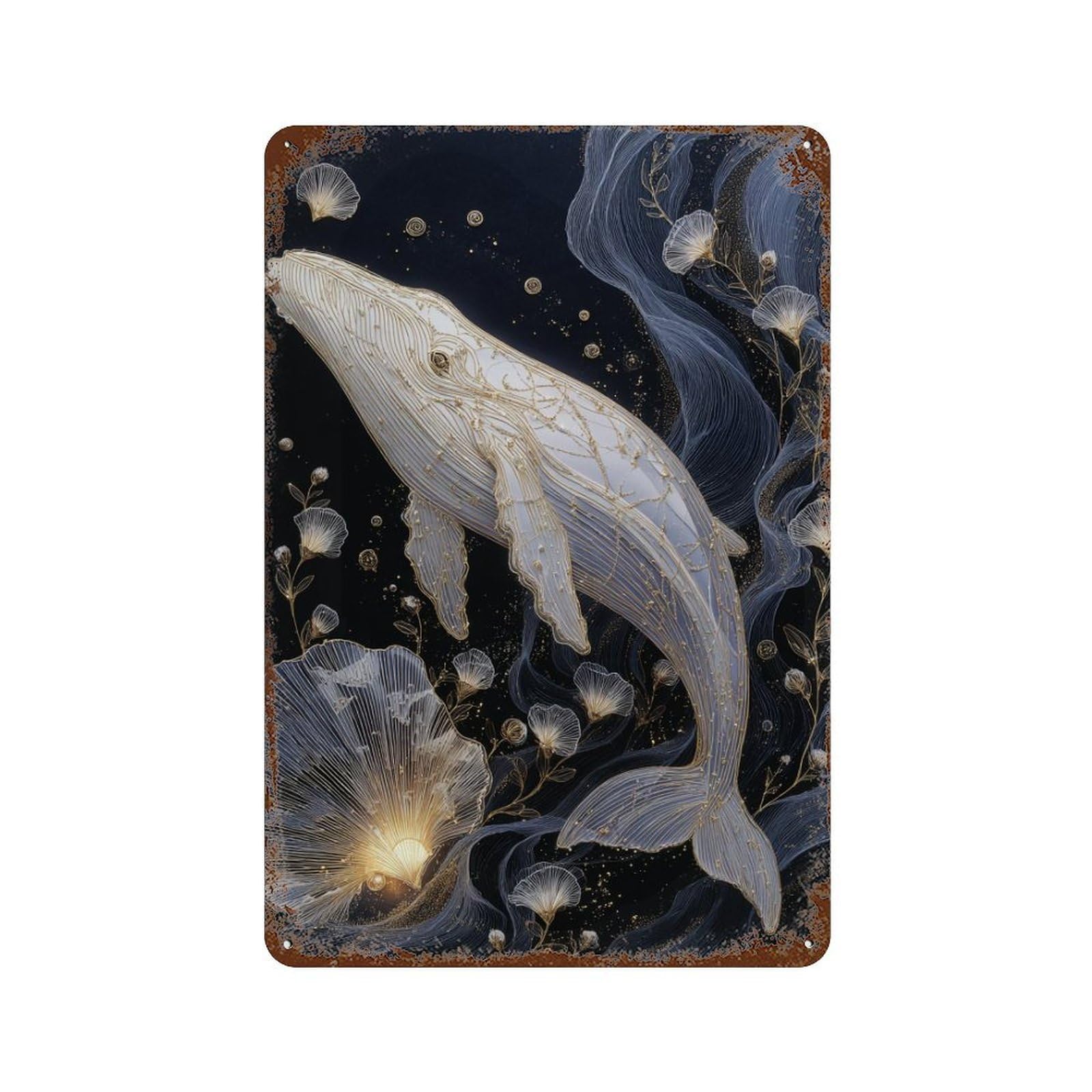 Whale Fantasy Artwork Weathered Tin Sign 11.8"x7.9", Ideal for Patio, Garden Room And Bar Decor