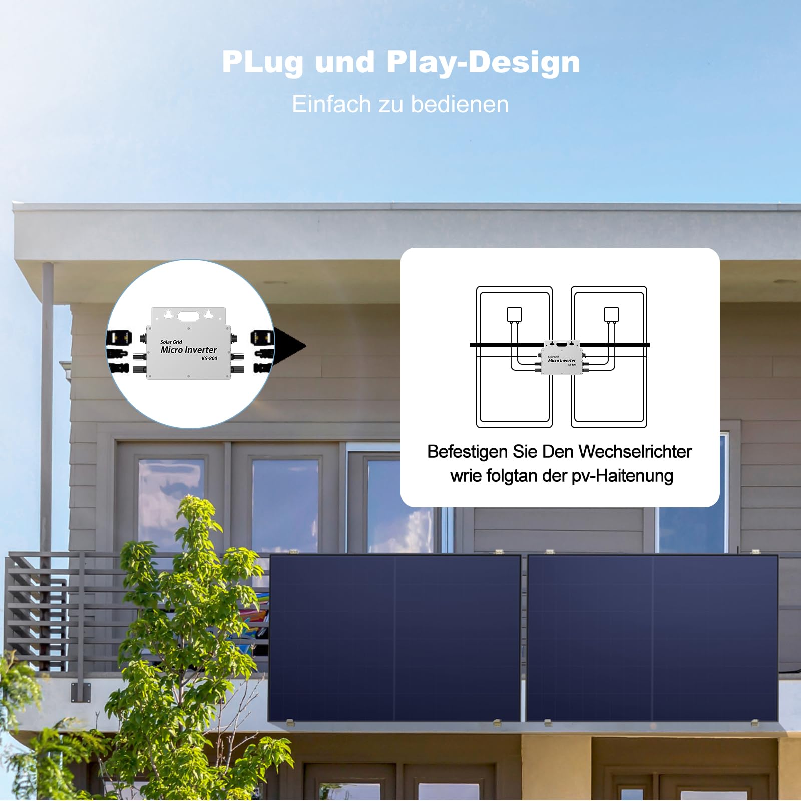 Mikro-Wechselrichter 800W mit AC-Kabel, MPPT Solar-Netzeinspeisung, Plug & Play, WiFi APP Überwachung, für Balkonkraftwerk