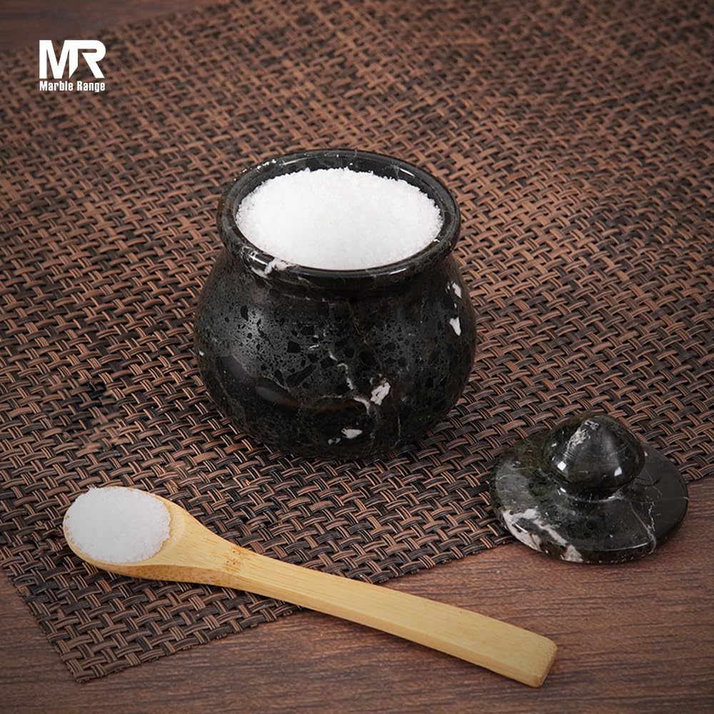 Salero de mármol con tapa de 3.5 pulgadas, color negro, hecho a mano, juego de 2, cuenco decorativo para sal y pimienta para encimera de cocina, especias, azúcar, hierbas y almacenamiento de