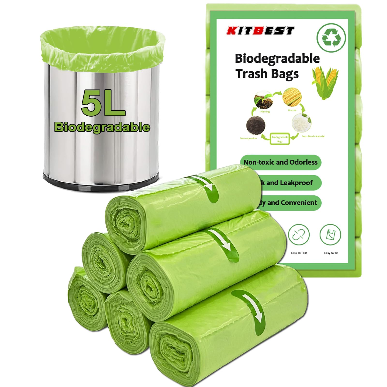 5l Bin Bags 120ct Kitchen Food Waste Bin Bags Small Bin Liners 120 Counts Green Garbage Bags Made From Corn Starch Based Fit 3 8 Liter Trash Can 40 X 45 Cm - View #2