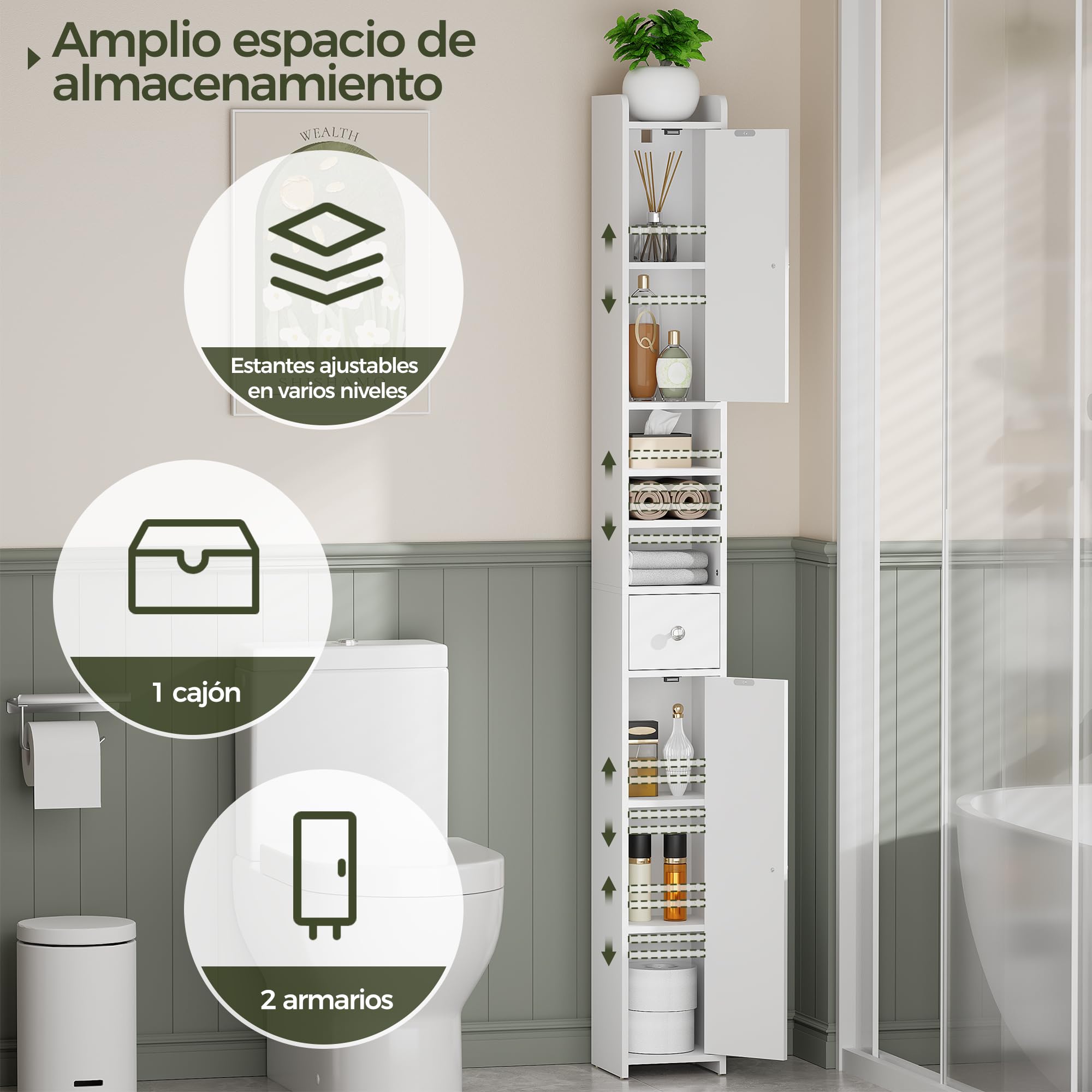 BEWISHOME Armario Alto de Baño,Mueble de baño Alto y Estrecho, Mueble Auxiliar baño,con Estantes Ajustables, Compartimentos Abiertos, para Espacios Pequeños, Moderno, Blanco EYYG07W