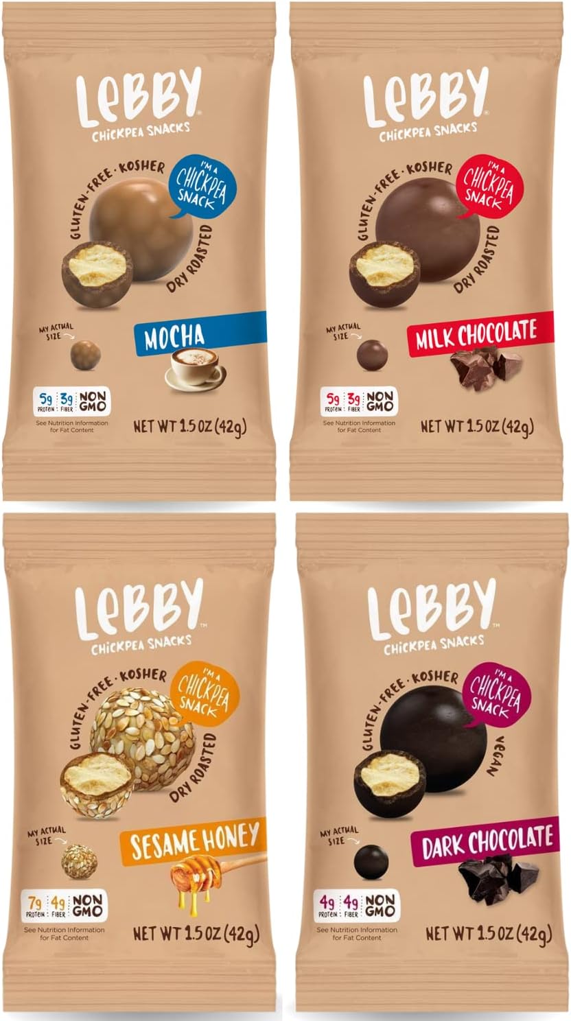 LEBBY SNACKS Healthy Sweet Snack Variety Pack. Dry Roasted Chickpeas coated in 4 flavors: Dark Chocolate, Milk Chocolate, Mocha & Sesame. Gluten Free Healthy Candy for Adults (1.5 oz, 4 pack)