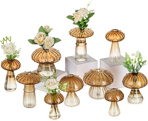 Glasseam Mushroom Vases for Flowers, 10 Pcs Amber Glass Bud Vase for Decor | Handblown, Fall Decorations for Home Table Windowsill, Centerpieces, Small Propagation Jar for Plants, Cute Gifts for Women