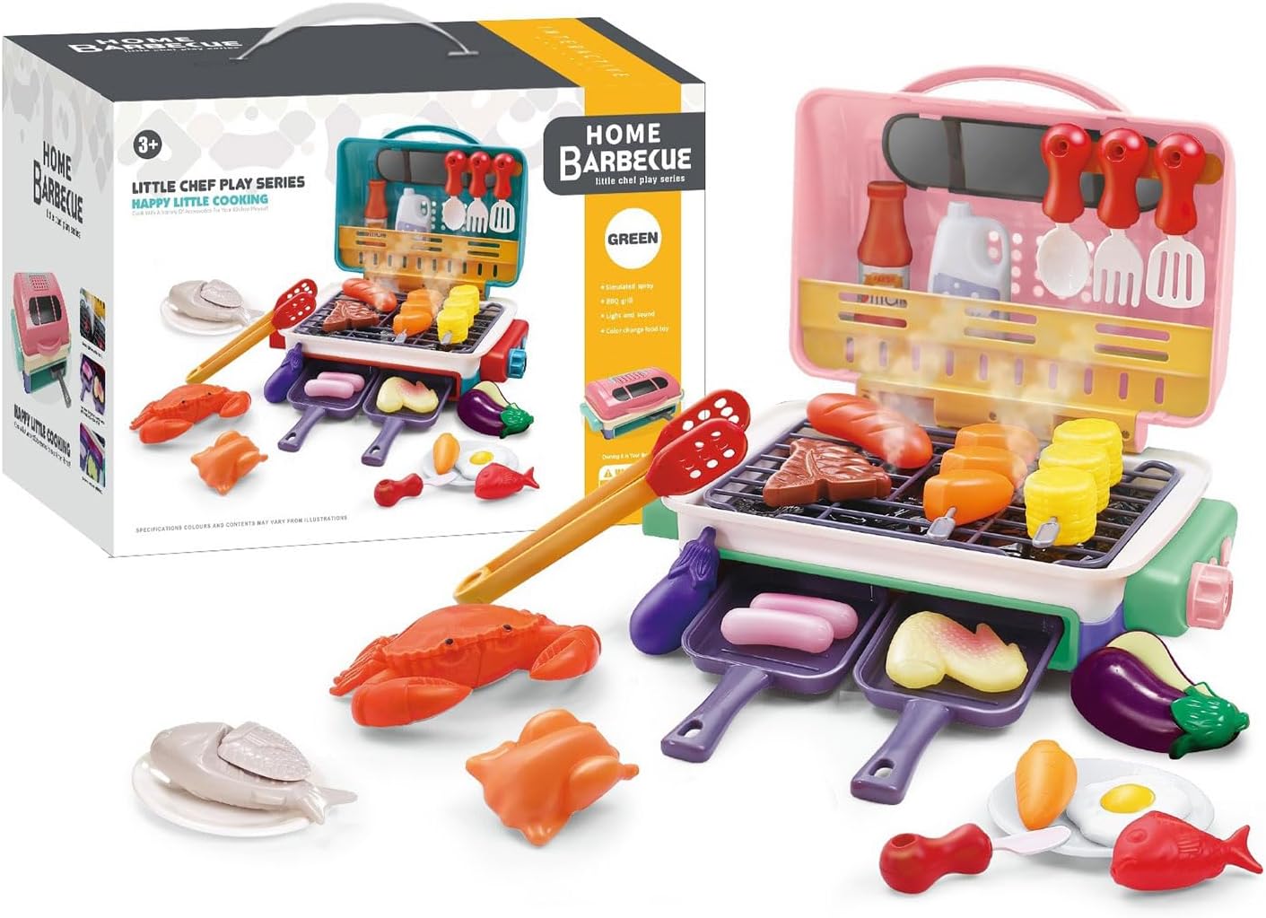 Electric Grills with Mist Sizzling Sounds and Interactive Role Play Safe Pretend Kitchen Toy for Toddler Fun Electric Pretend BBQ Grill Toy