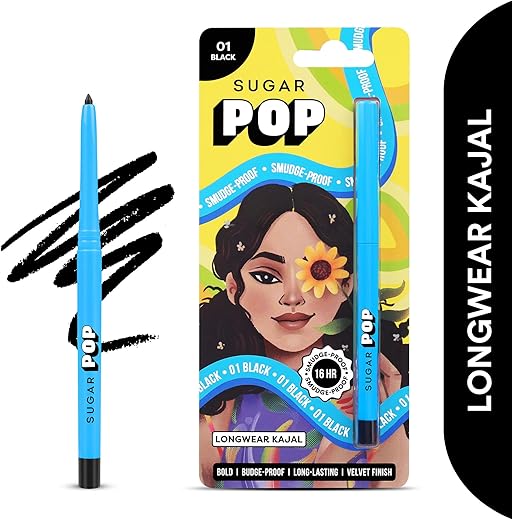 SUGAR POP Longwear Kajal Matte Finish, Intense Dark Kohl Kajal, Smudge Proof Pencil, Water Proof, Single Stroke Velvet Finish Lasts Up To 16Hrs – 01 Black