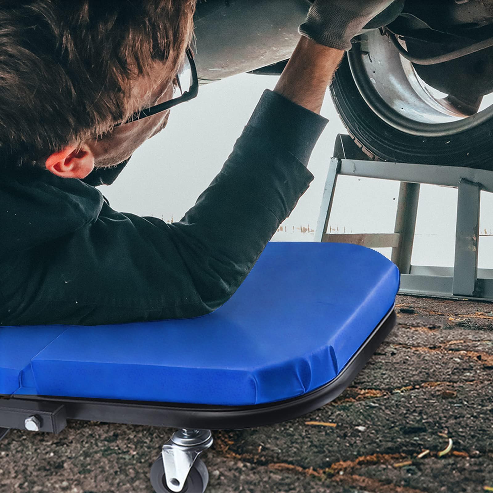 BOOMSTART Camilla Mecánica Plegable de 102 cm (40"), Asiento de Mecánico 2 en 1, Taburete Grande Acolchado con Ruedas, Taburete de Taller de Garaje Resistente de 150kg con 6 Ruedas Giratorias