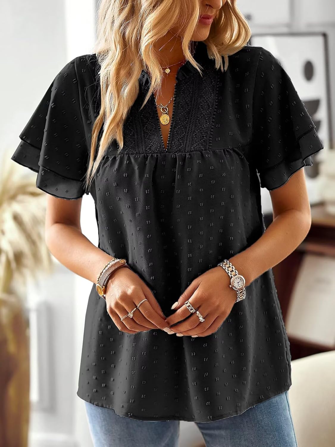 Womens Summer Tops Ruffle Sleeve V Neck Blouses for Women Bohemian Dressy Casual Flowy Business Short Sleeve Shirts Black L - Image 5