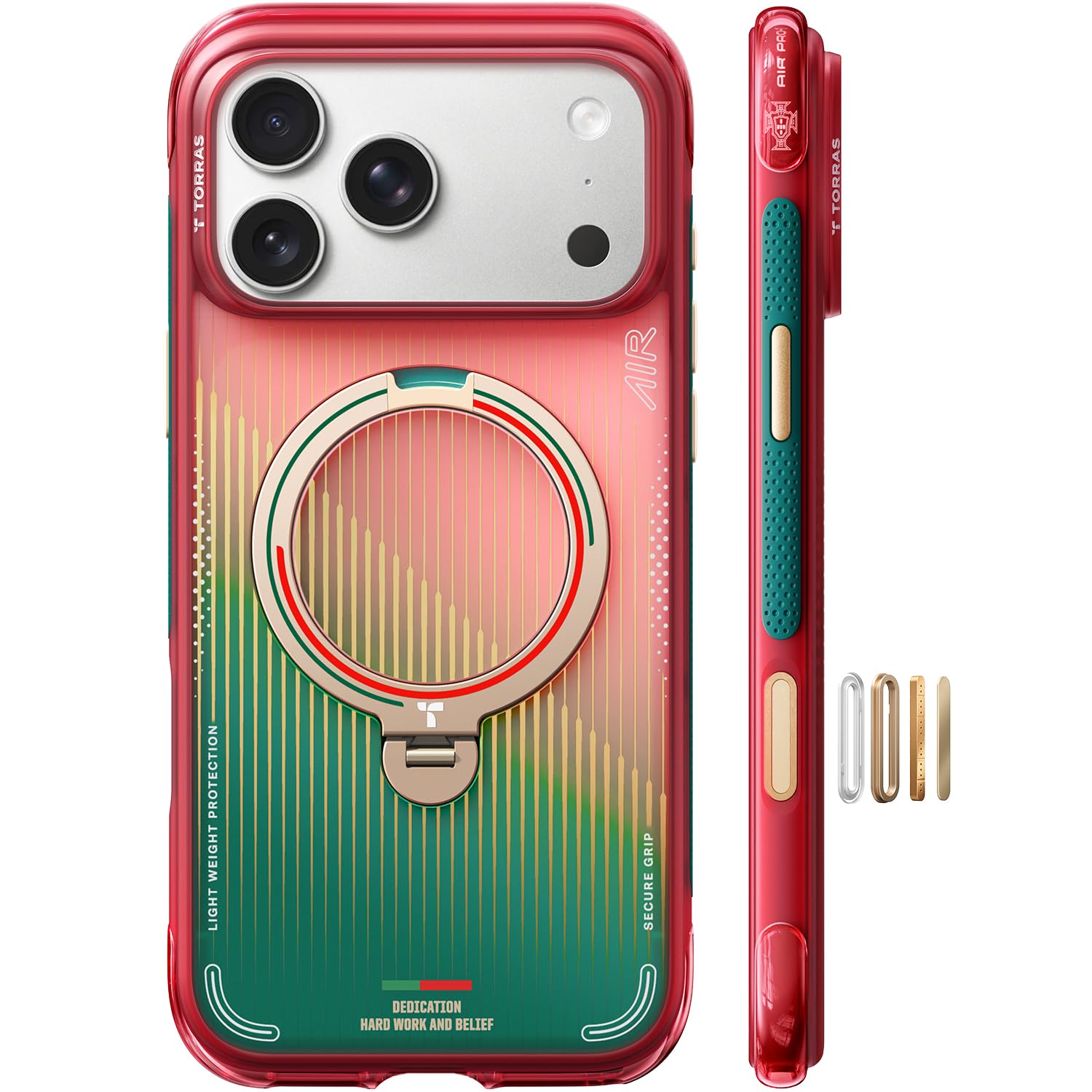 TORRAS Ostand Q3 Air per iPhone 17 Pro, custodia con supporto MagSafe, edizione tifosi del Portogallo N.7, custodia con supporto per la visione delle partite, custodia protettiva antiurto per Glory